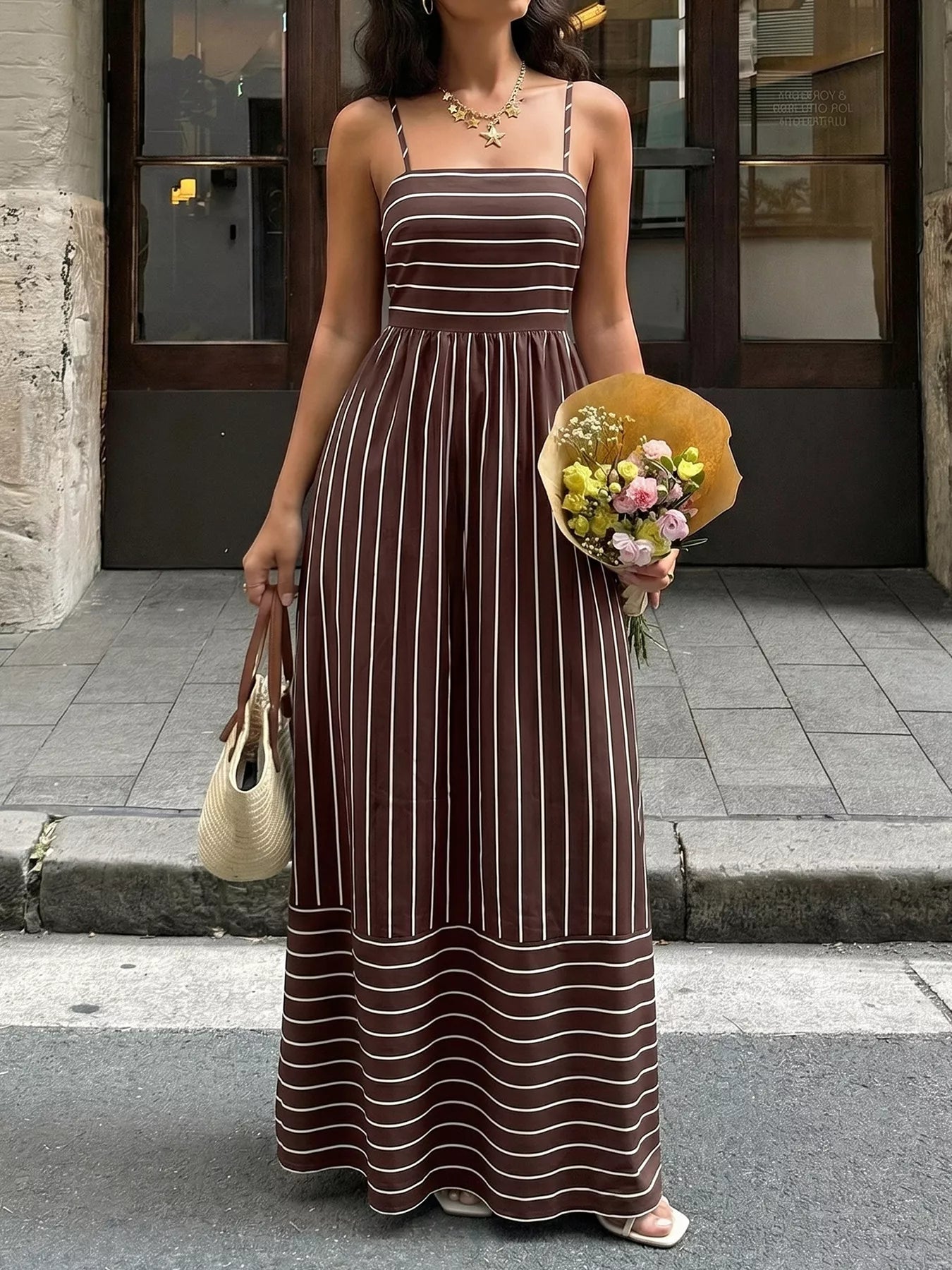 Striped Print Spaghetti Strap Maxi Dress