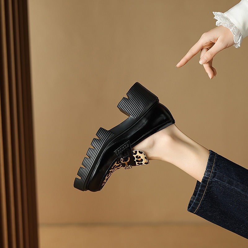 Thick-soled platform shoes for women, genuine leather, leopard print, lazy slip-ons, fisherman's loafers