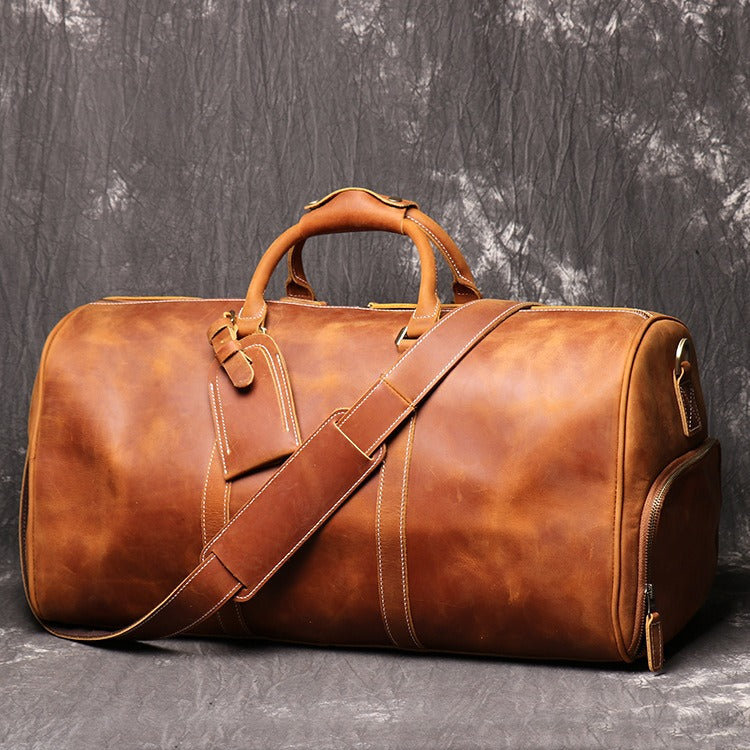 Premium Leather Travel Bag - Vintage Cowhide Weekender Duffel