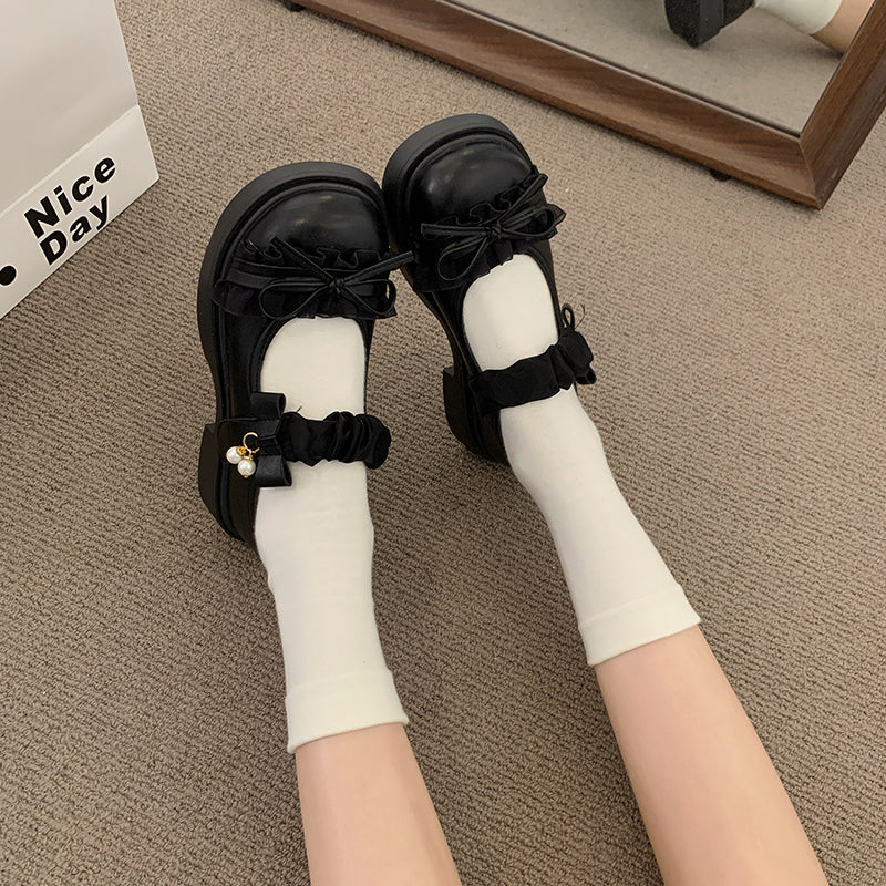 2026 New Sweet Lolita Bow Thick Heel Mary Jane Shoes Women's Thick Bottom JK Small Leather Shoes With Skirts Single Shoes
