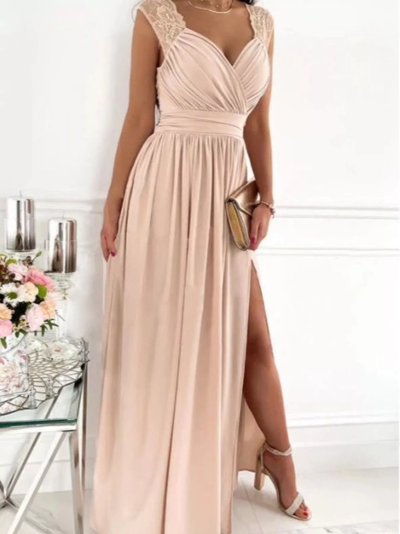 High Slit Lace Detail Maxi Dress