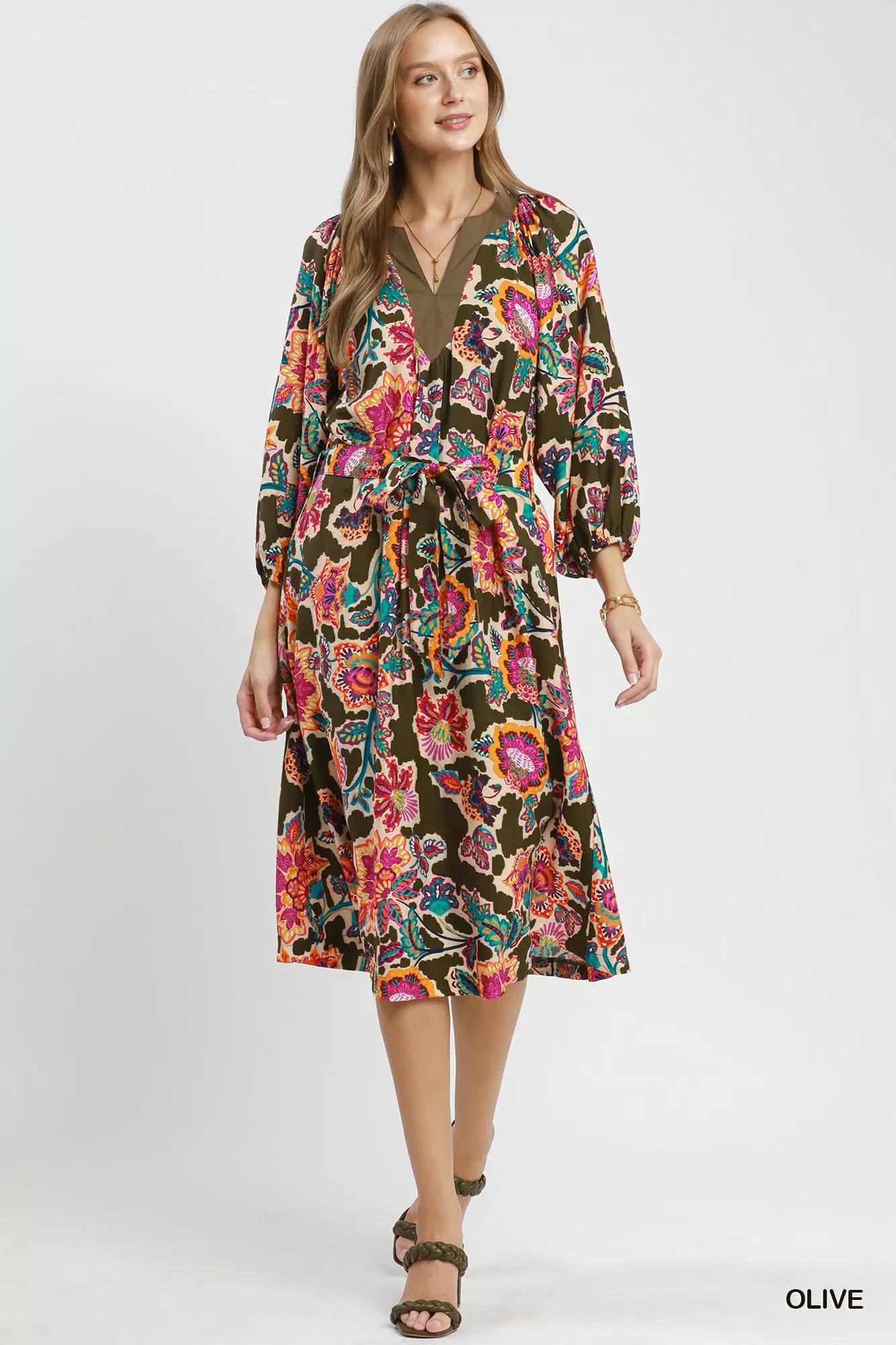 Umgee Abstract Print Embroidered Belted Midi Dress