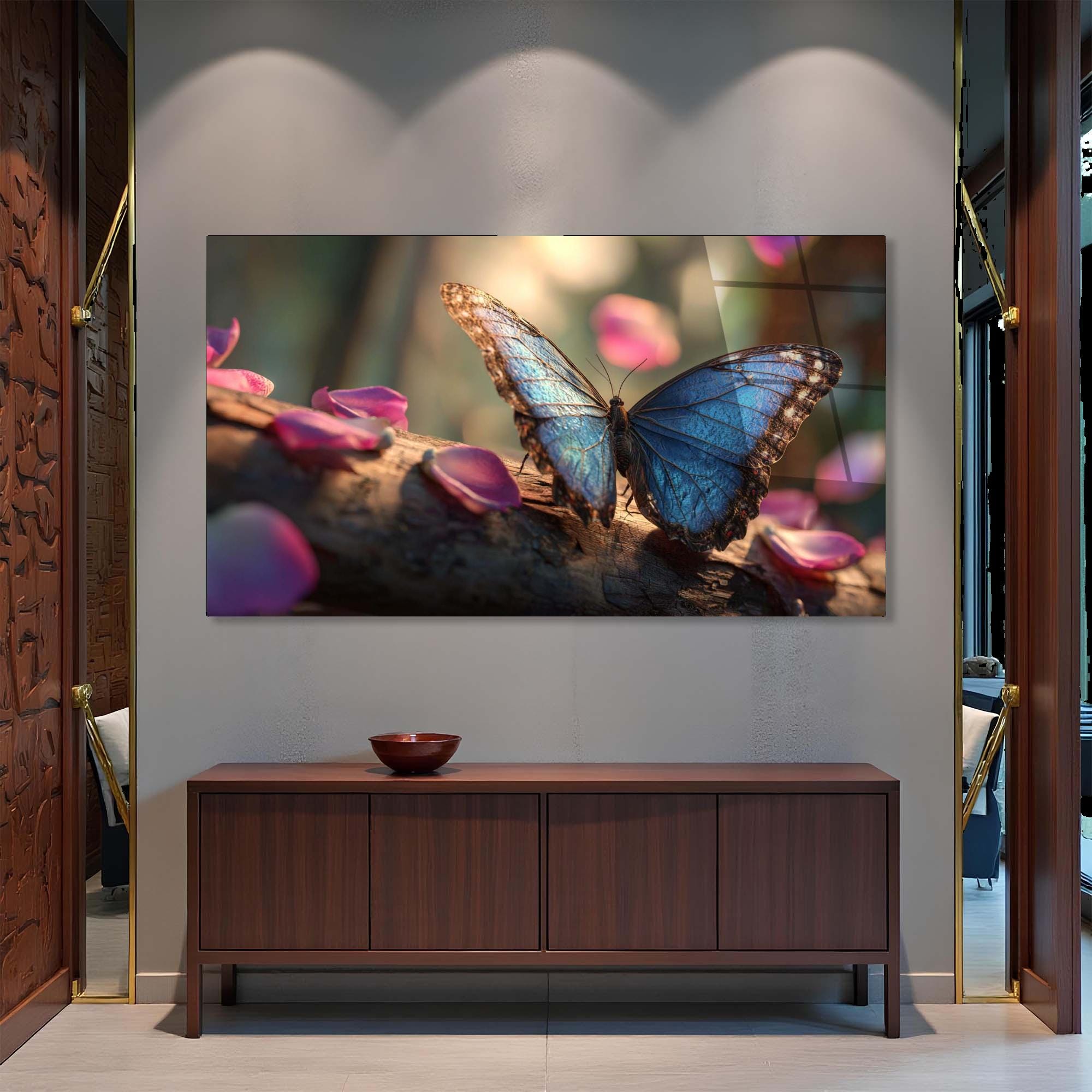 Blue Butterfly Tempered Glass Wall Art | Modern Nature Home Decor