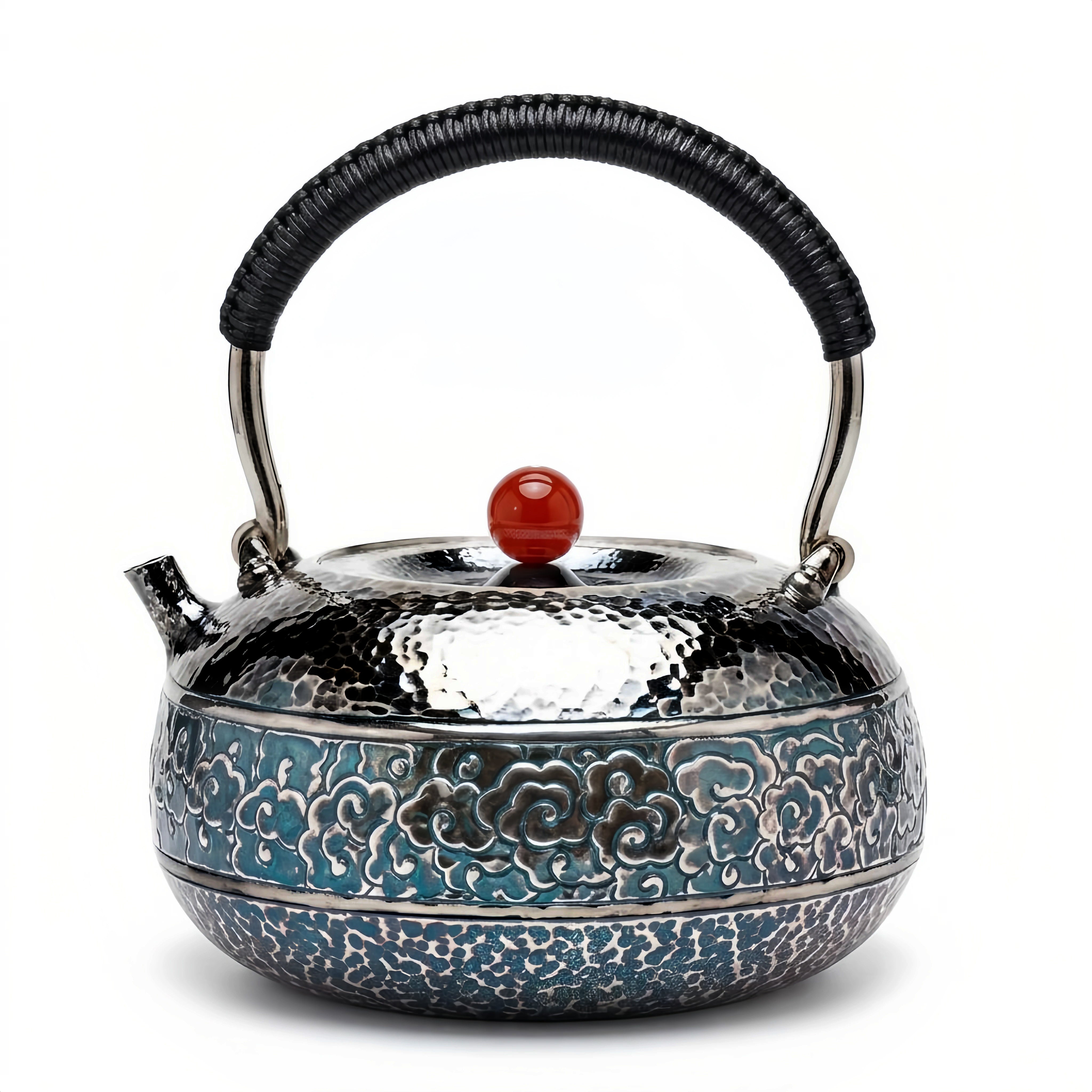 925 Sterling Silver Handcrafted Hammered Teapot with Blue Cloud Motif-Fine large teapot - Handicraft