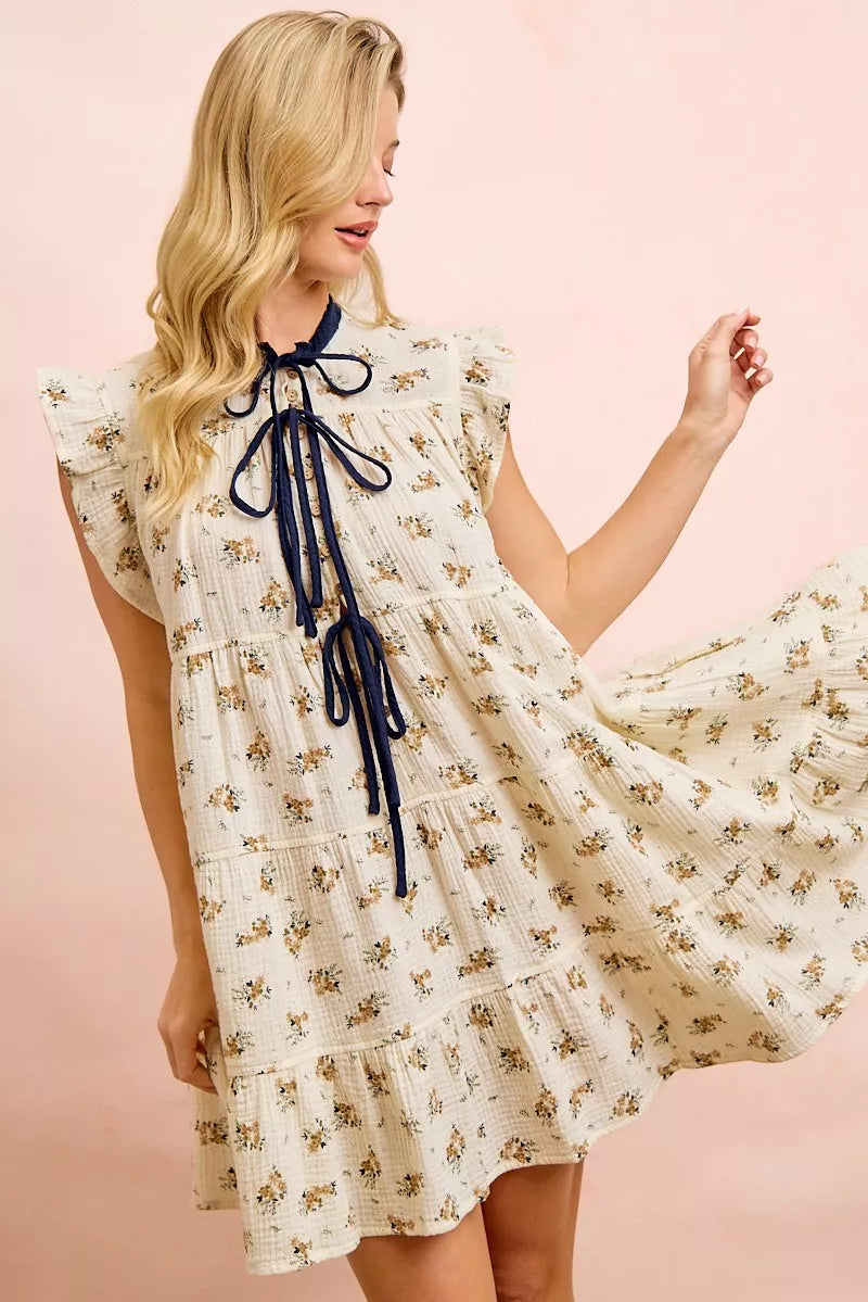 BiBi Floral Multi-tierd Dress With Ruffles And Front Tie