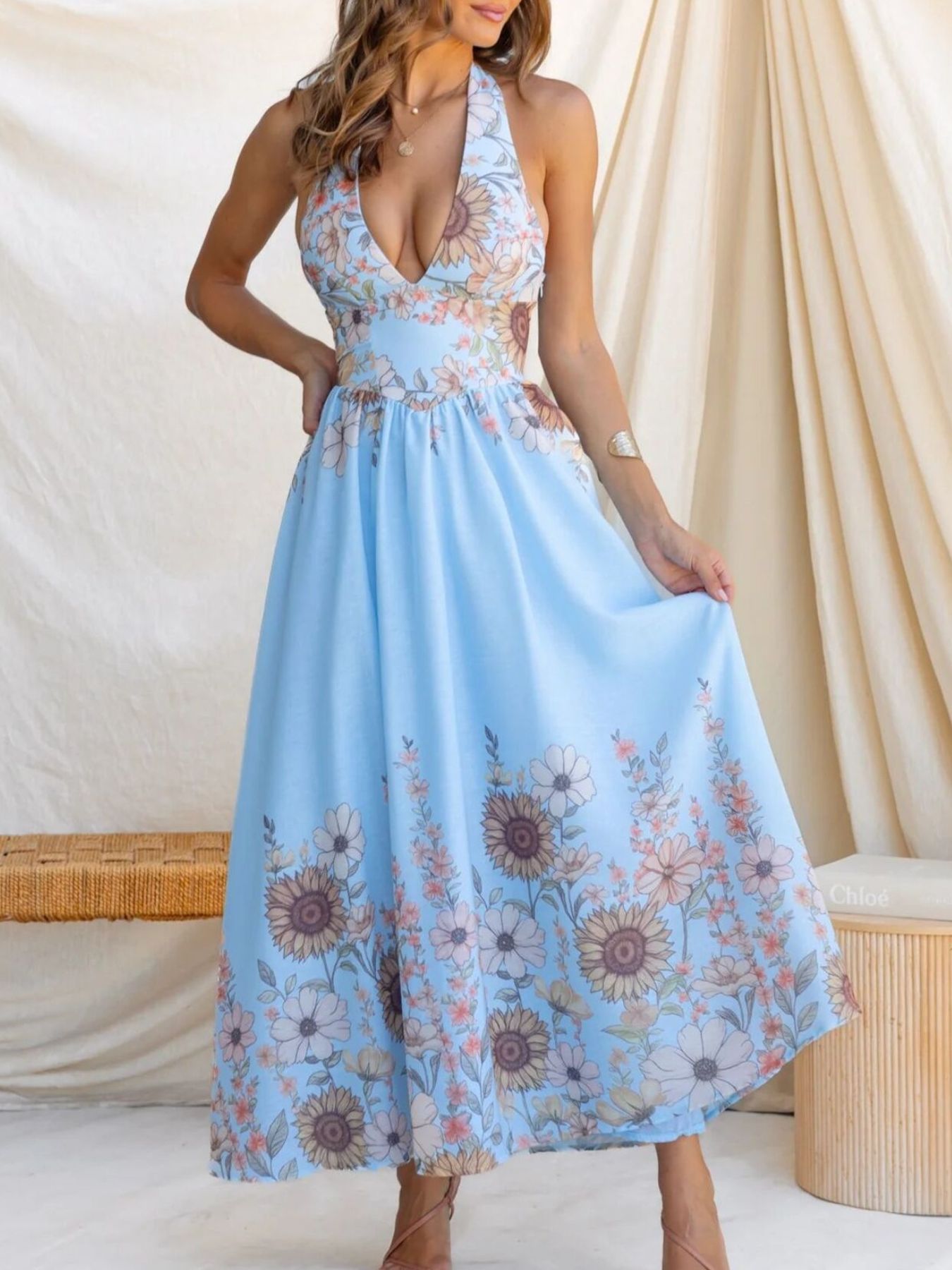 Floral Print Halter Neck Maxi Dress