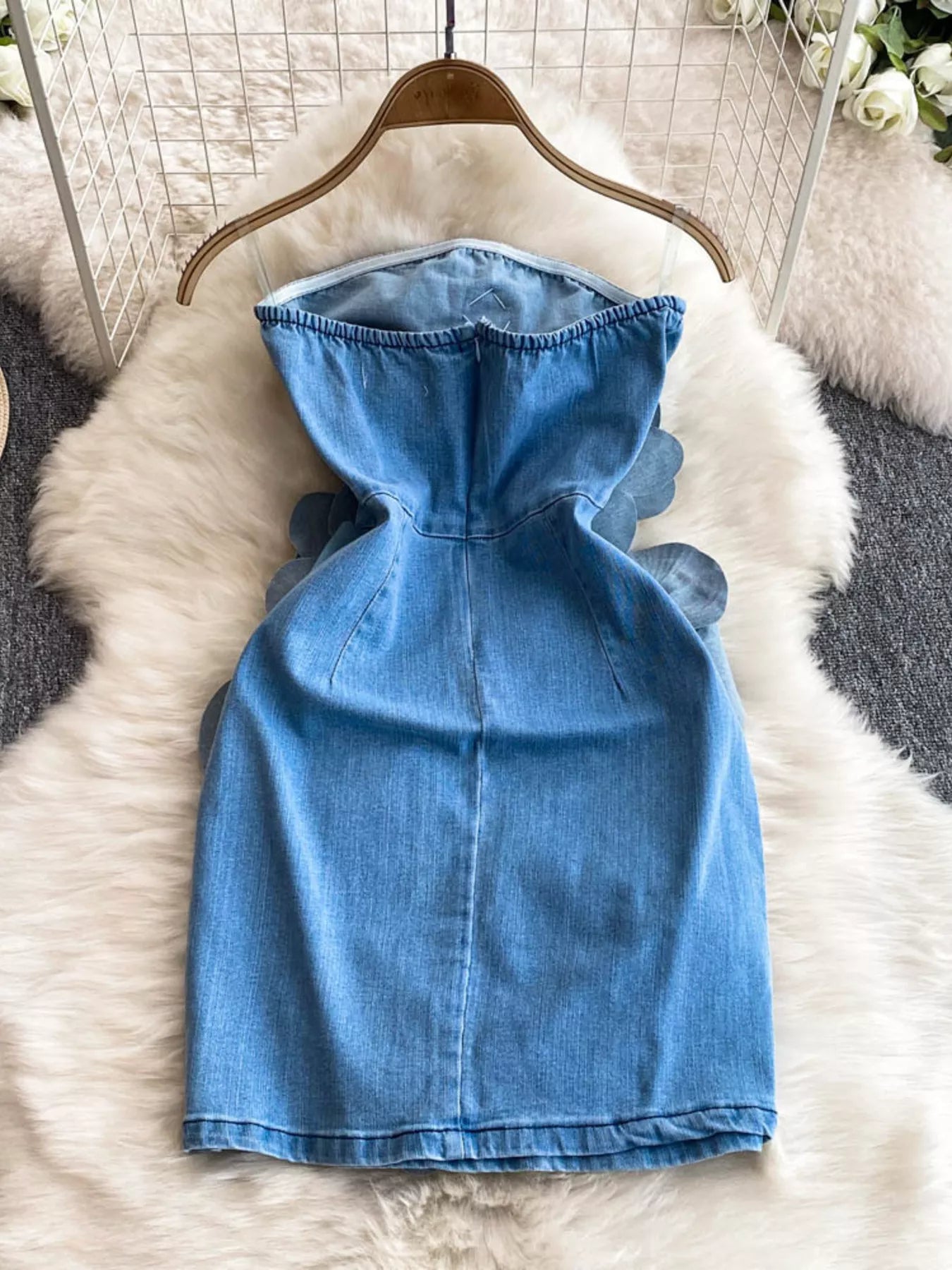 Floral Applique Strapless Denim Dress