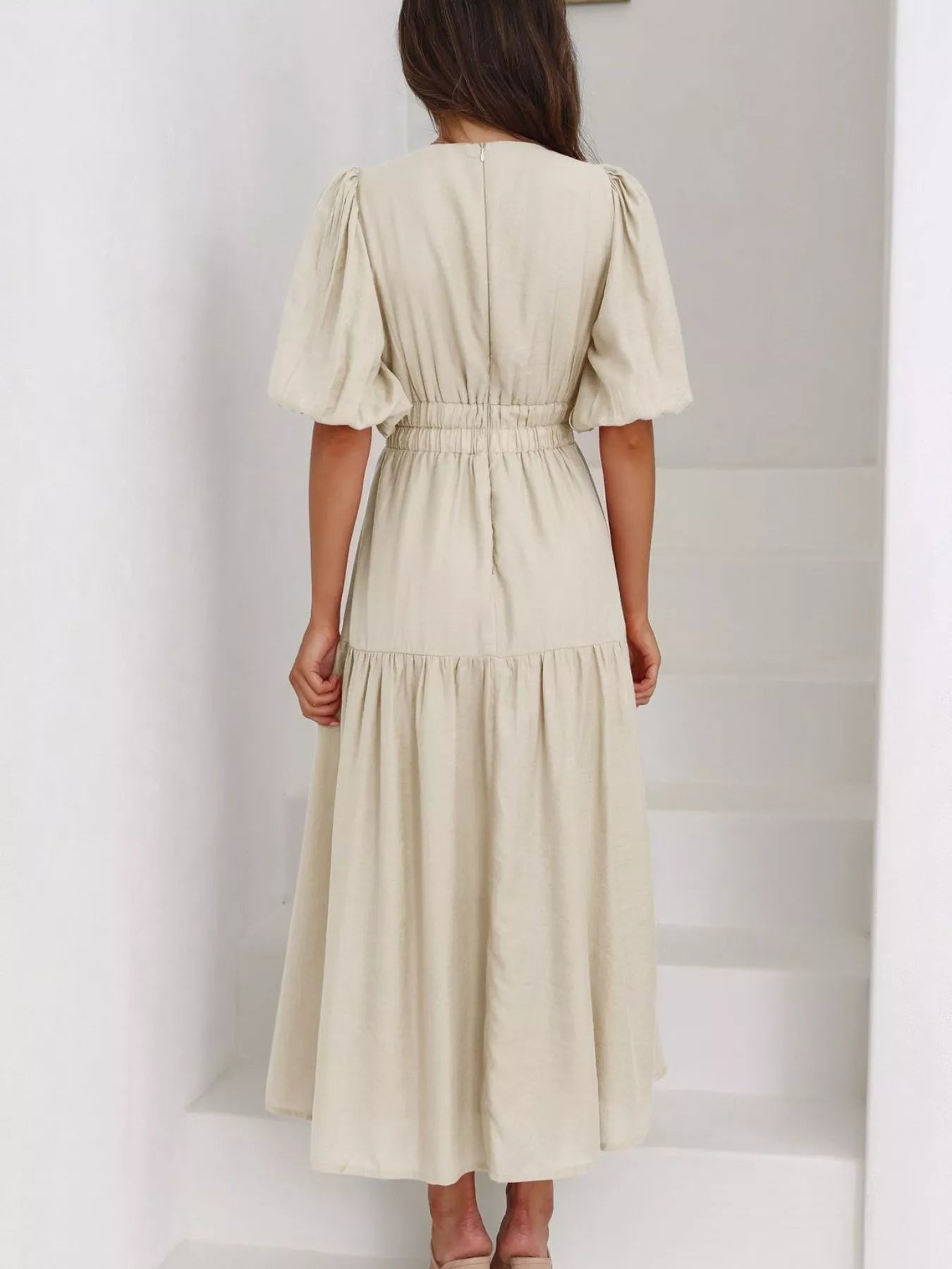V-Neck Puff Sleeve Midi Dress