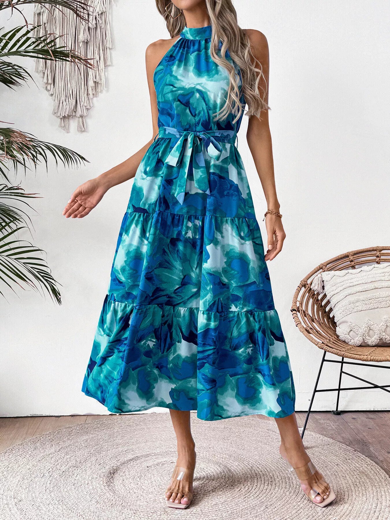 Floral Tie-Waist Tiered Midi Dress