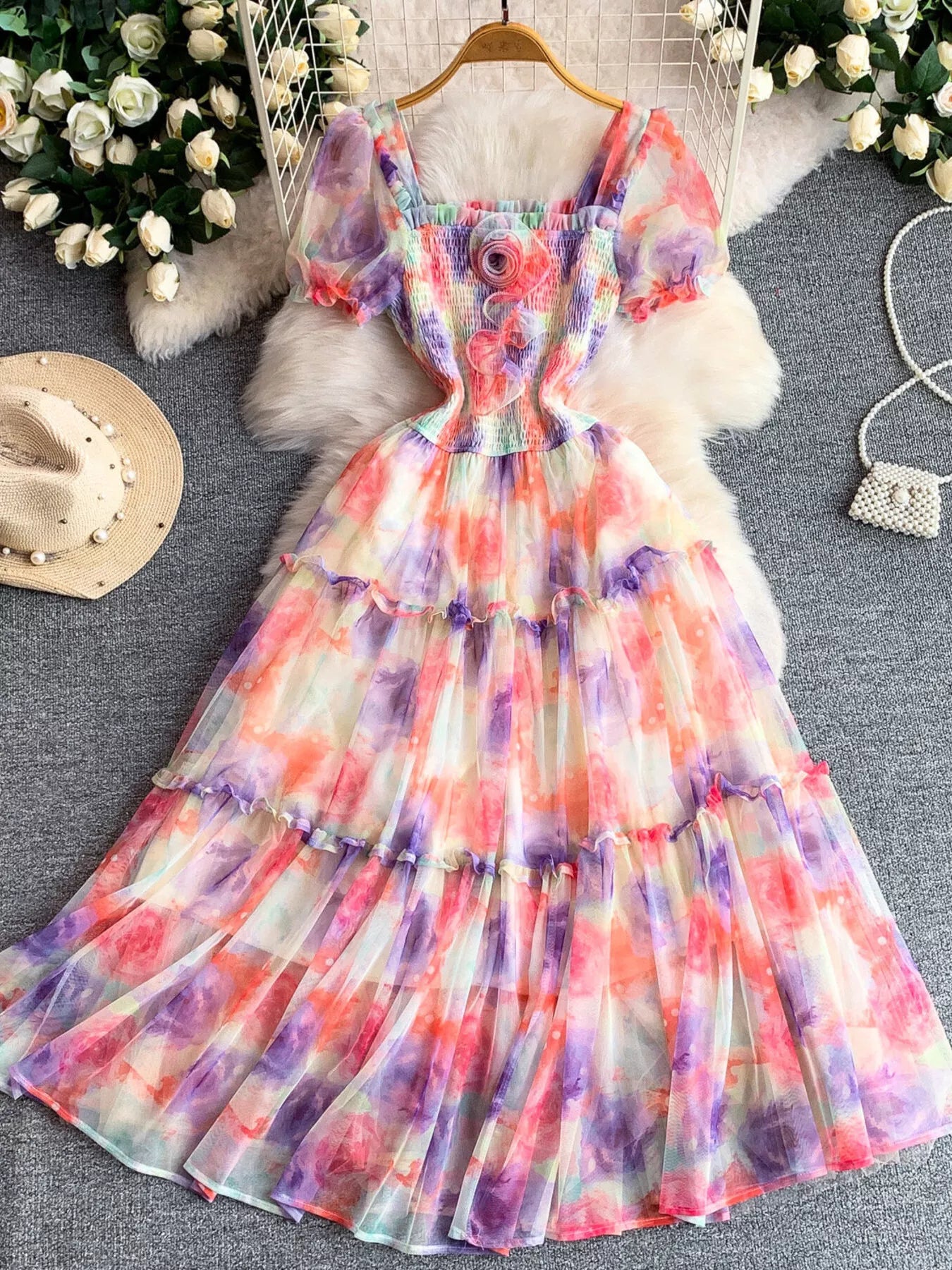 Smocked Floral Tiered Mesh Midi Dress