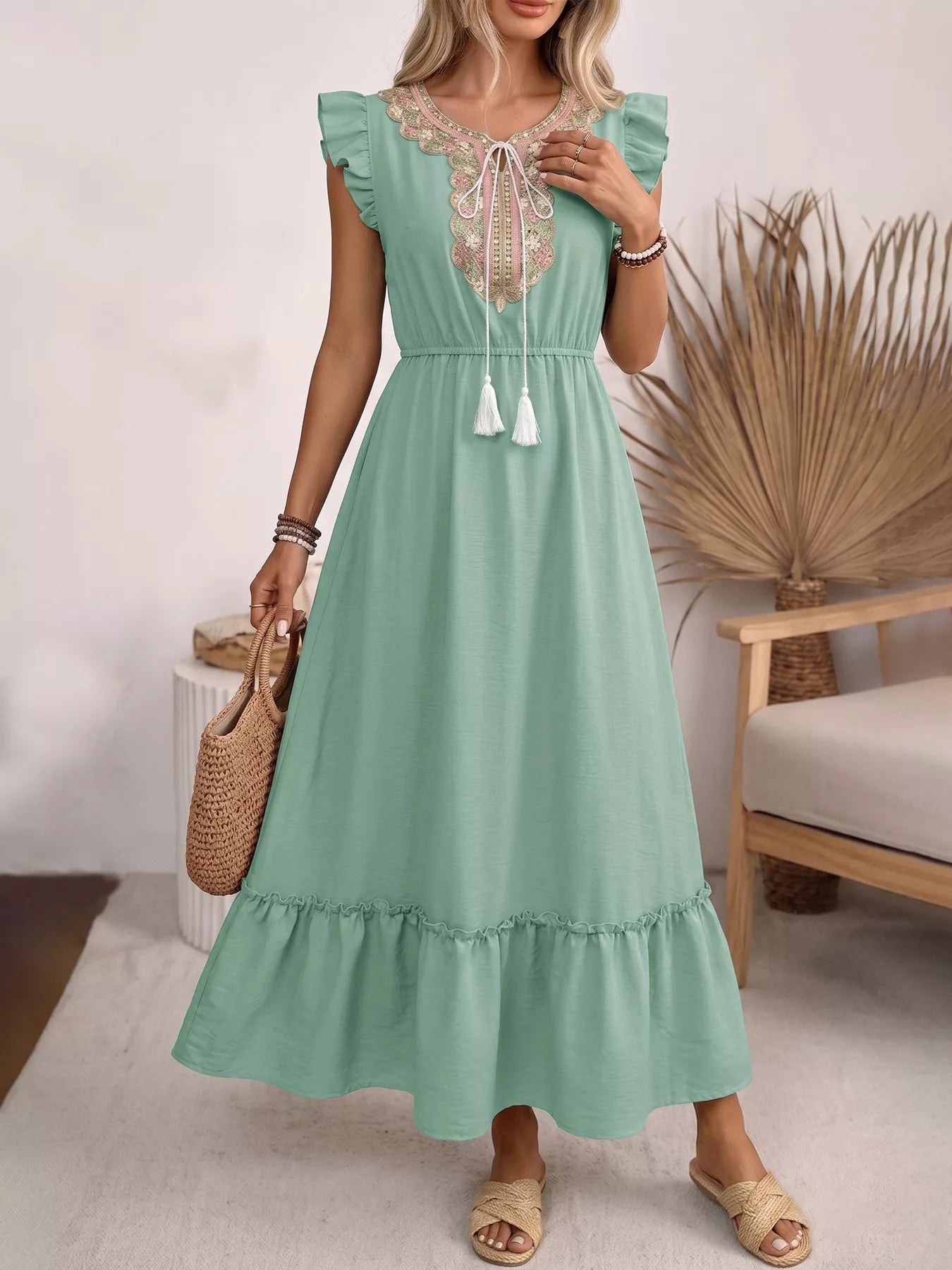 Tie Neck Ruffle Sleeve Maxi Dress