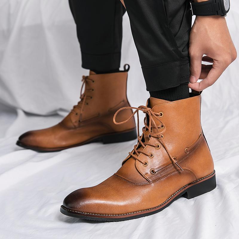 Mens Shoes British-style Height-increasing Leather Boots Hairstylist-pointed-toe Leather Shoes