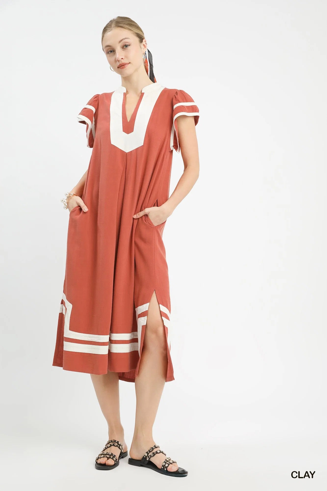 Umgee Linen Cotton Contrast Neckline Midi Dress