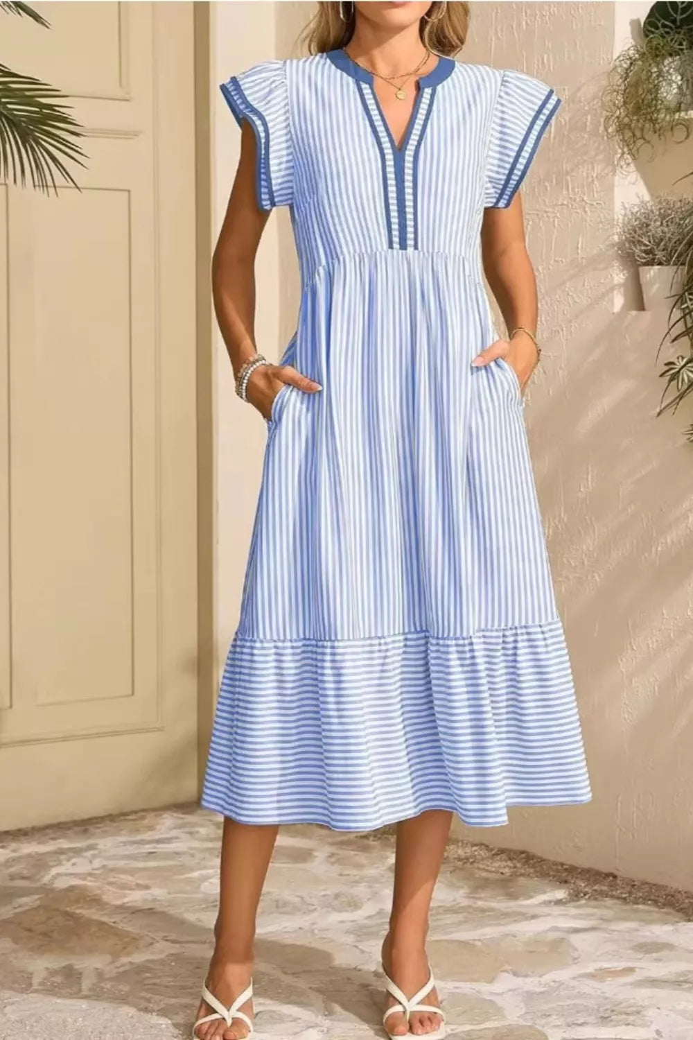 Striped Ruffle Sleeve Midi Dress