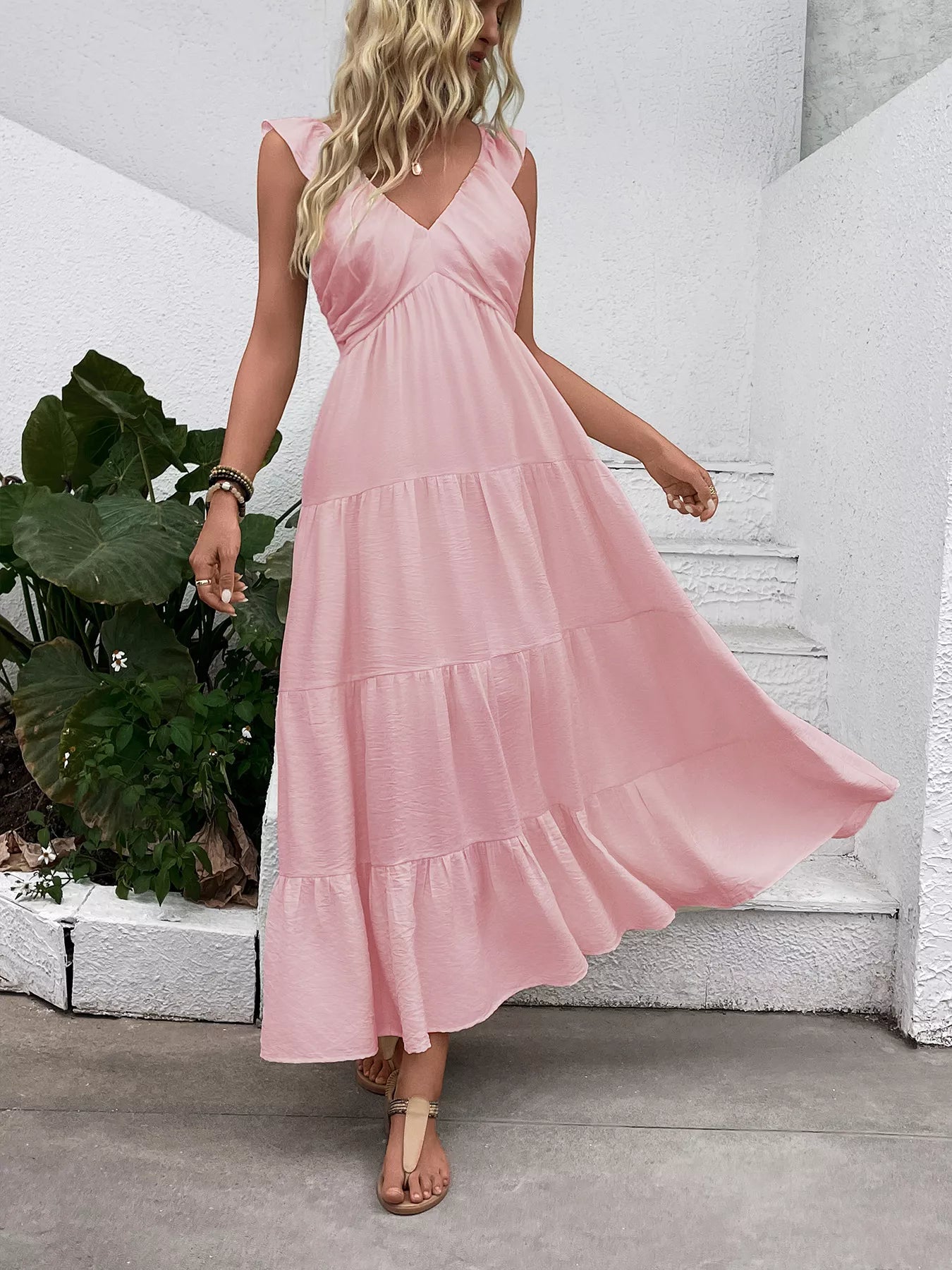 V-Neck Tiered Dress with Flutter Sleeves