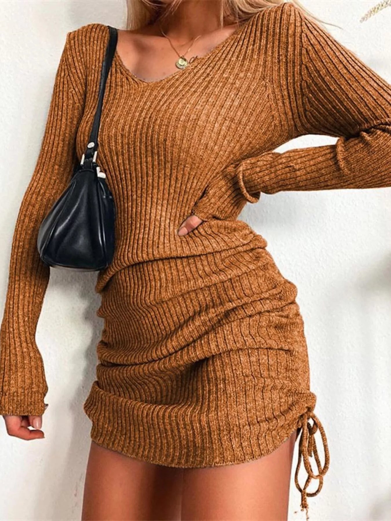 Full Size Ribbed Knit Drawstring Bodycon Sweater Dress Plus Size