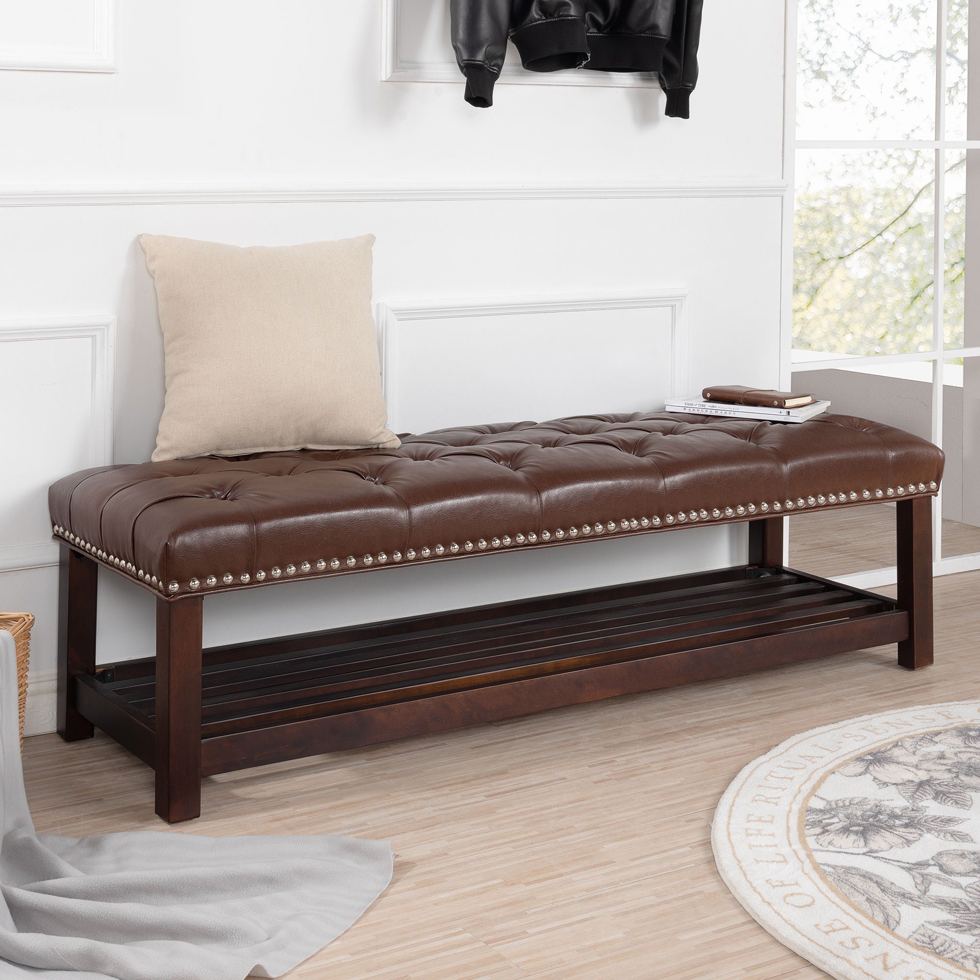 Bedroom End Of Bed Bench Tufted Upholstered End Of Bed Bench End Of Bed Entrance Shoe Bench With Nailhead Trim And Shelf Bedroom Upholstered Bench Living Room Shoe Rack Footstool