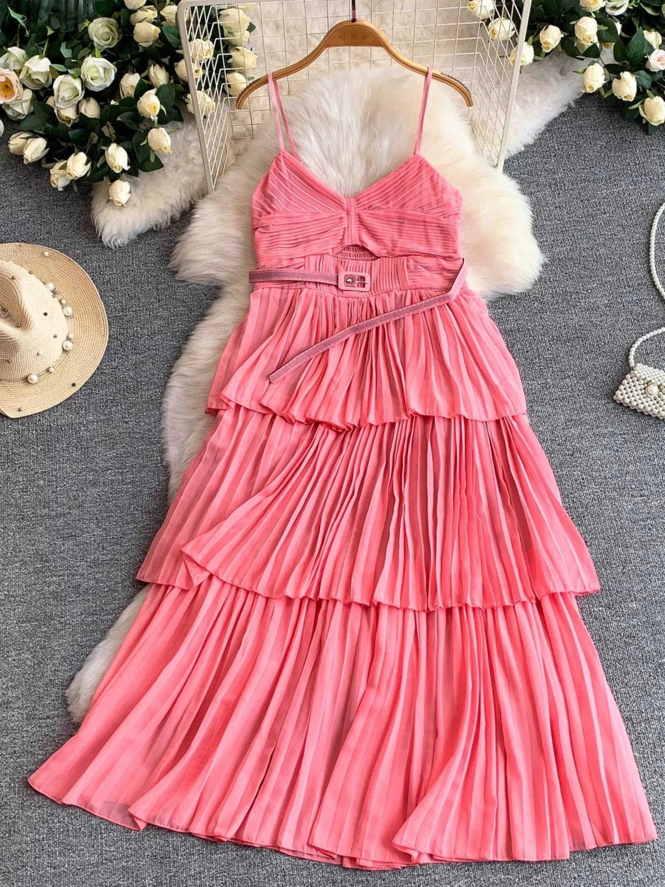 Pleated Layered Spaghetti Strap Midi Dress