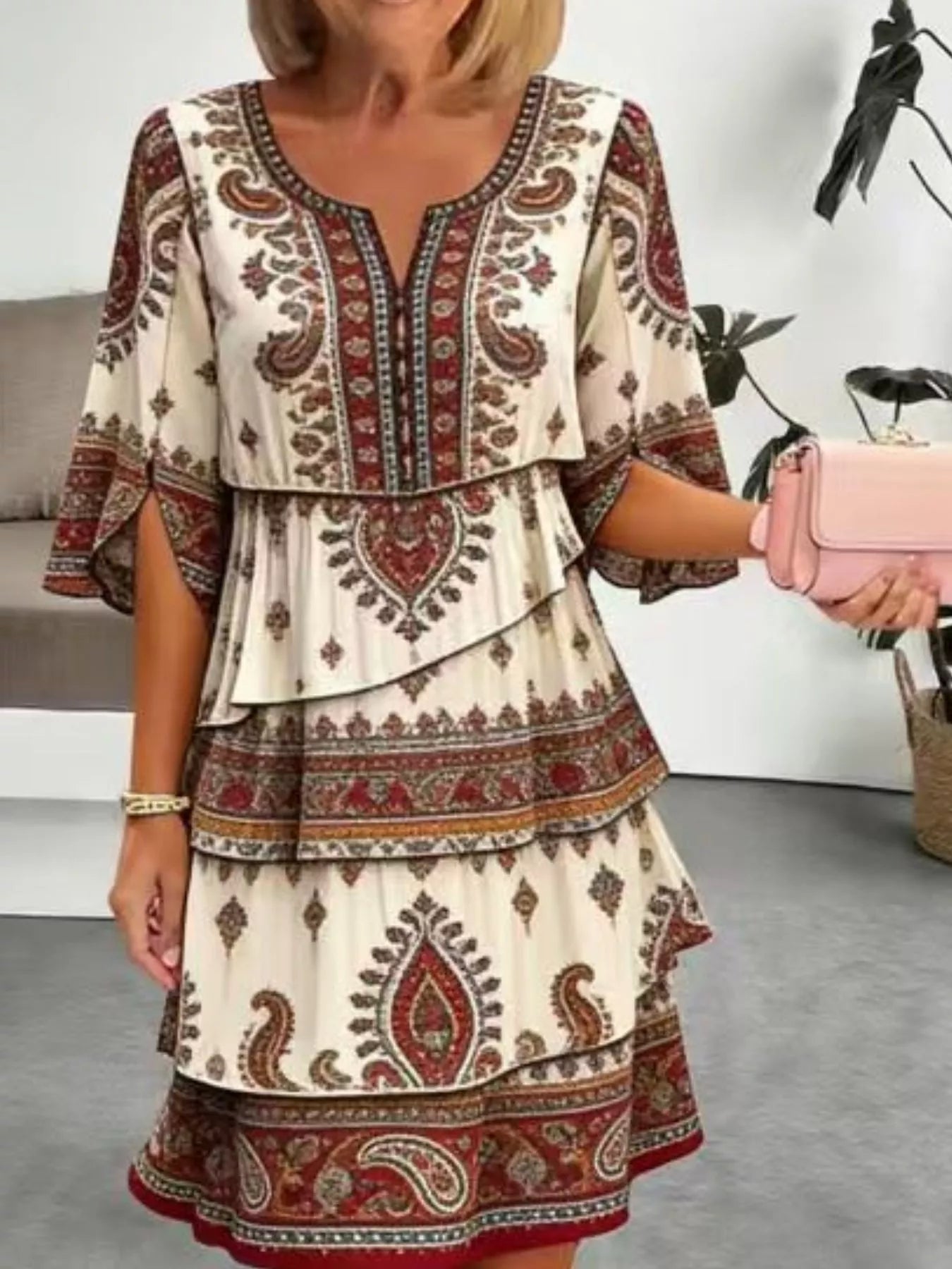 Full Size Paisley Print Layered Ruffle Mini Dress Plus Size