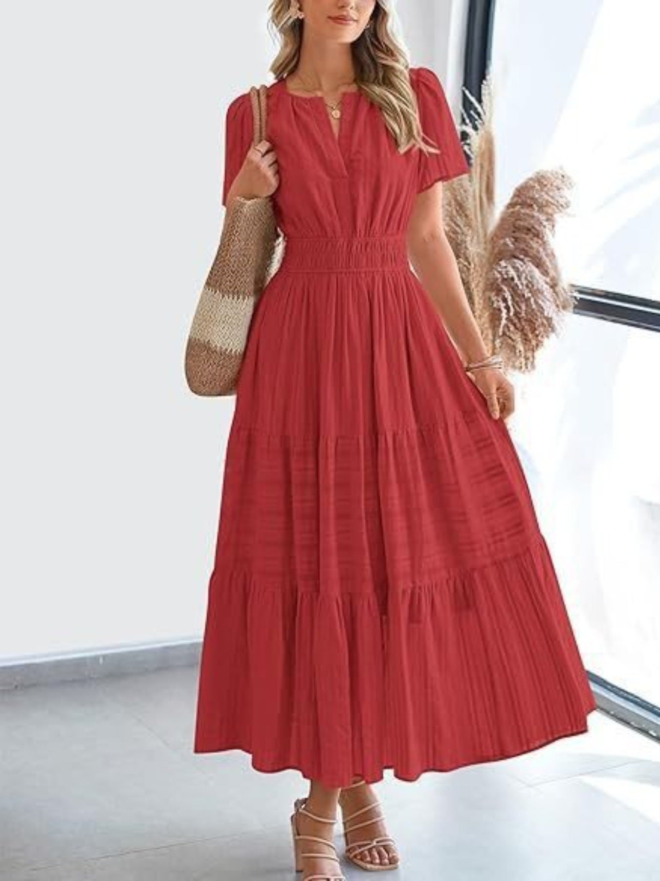 Notched Short Sleeve Tiered Dress