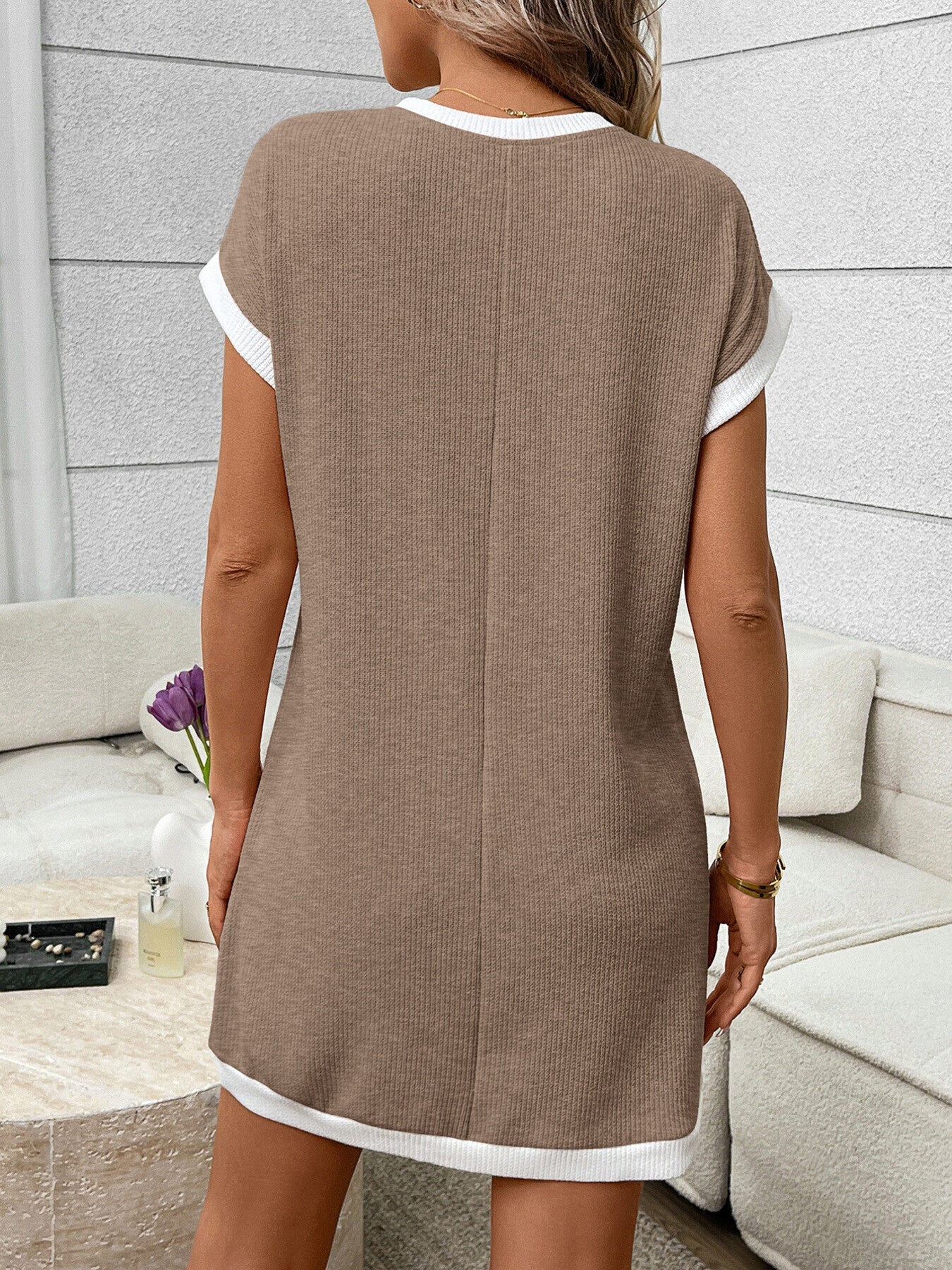 Contrast Trim Ribbed Knit Mini Dress with Pocket