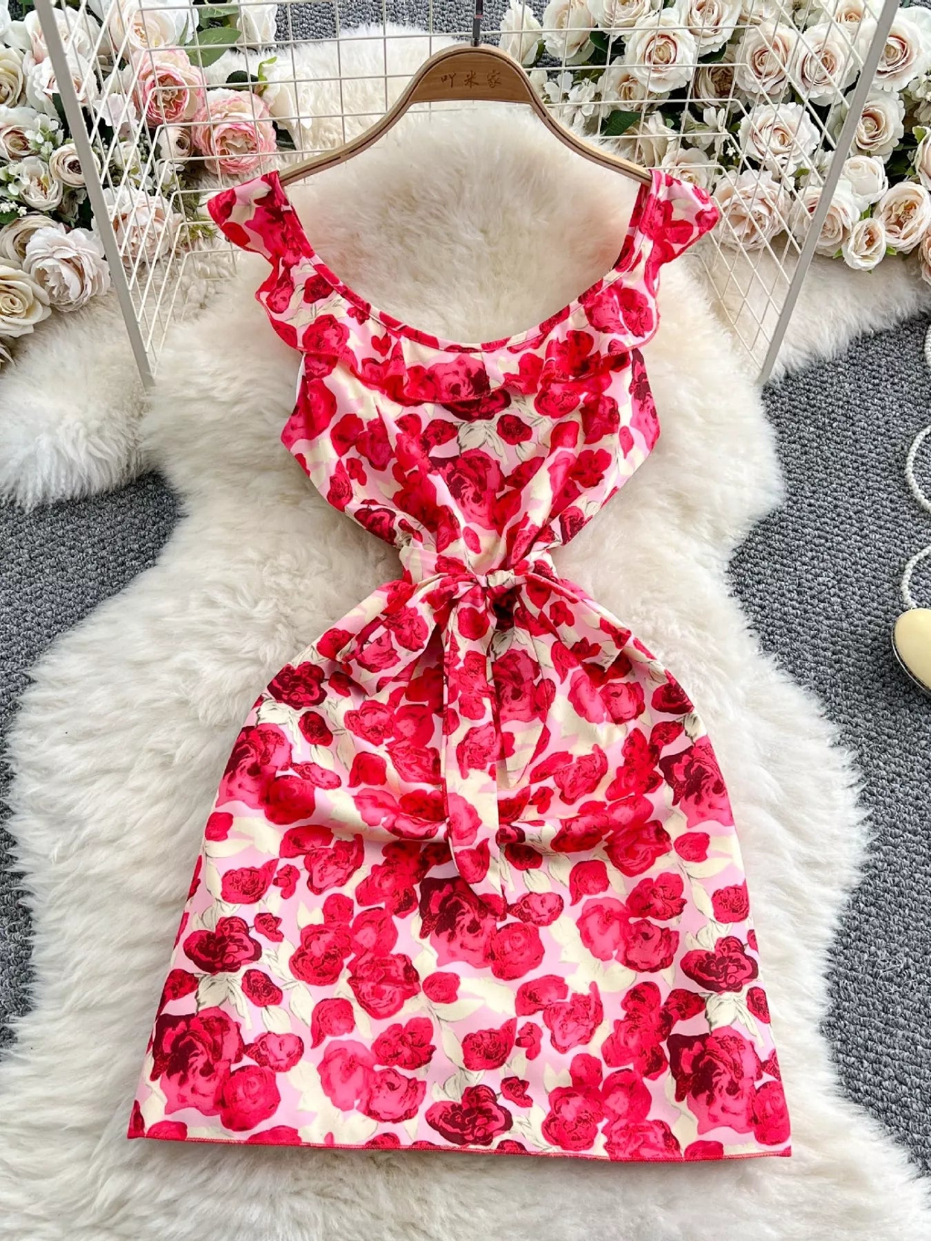 Floral Print Ruffle Trim Mini Dress