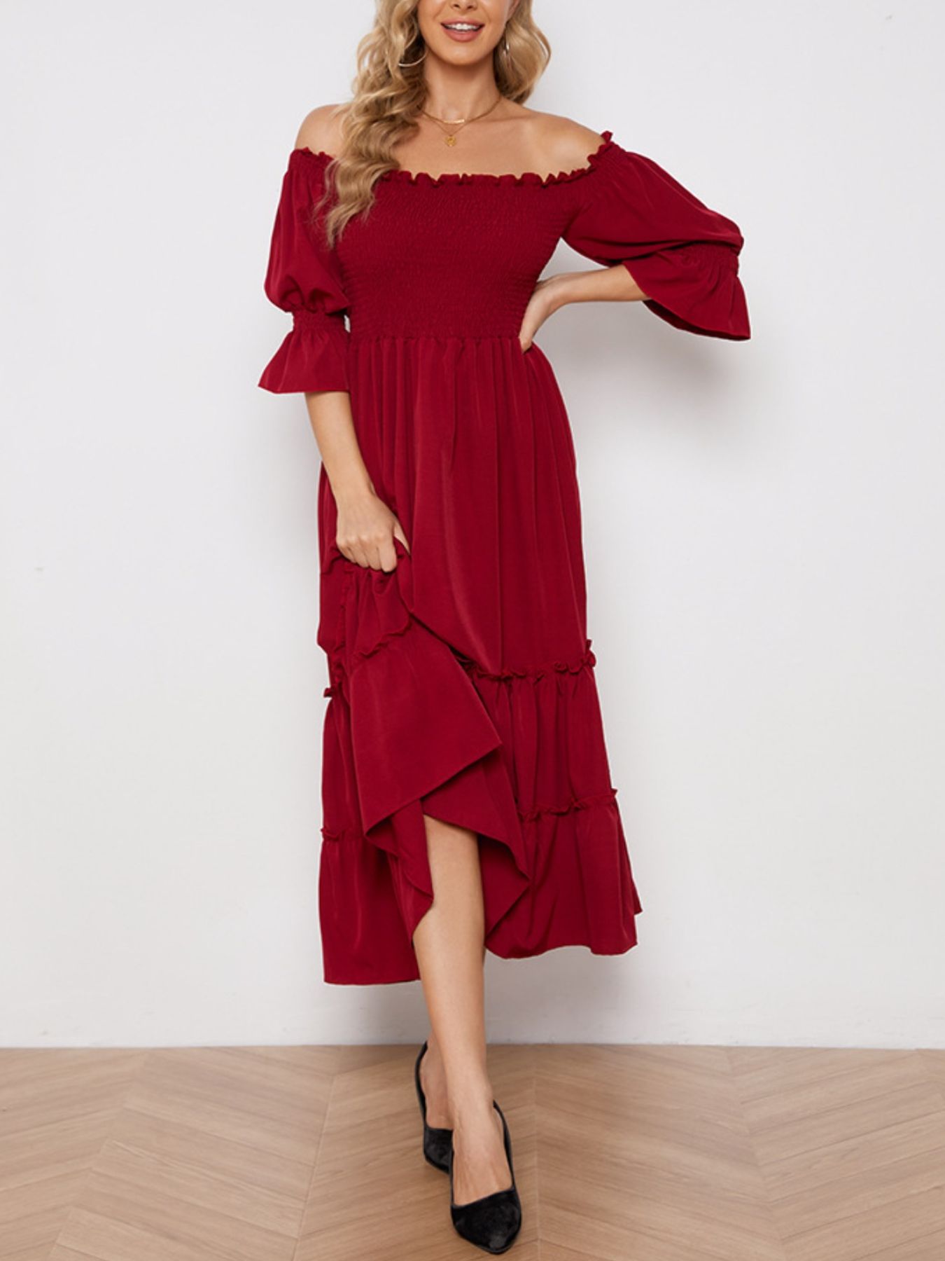 Smocked Off-Shoulder Ruffle Hem Midi Dress