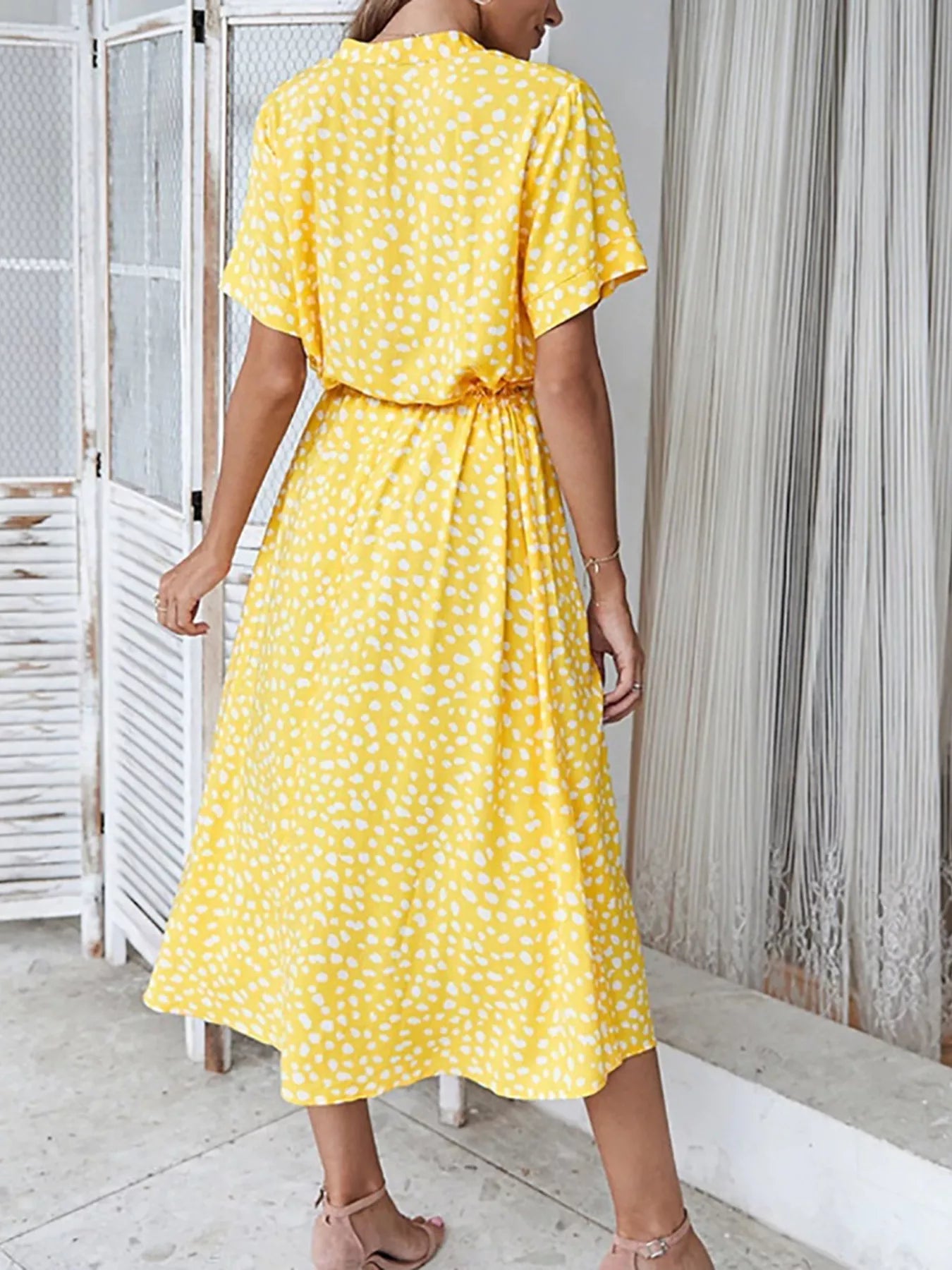 Polka Dot Button Front Midi Dress