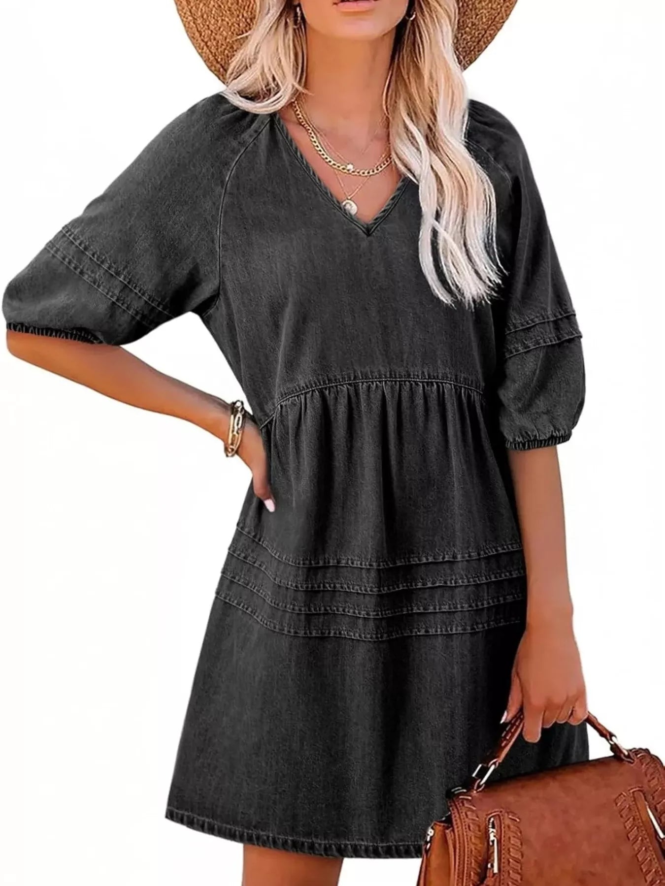 Casual V-Neck Puff Sleeve Denim Mini Dress