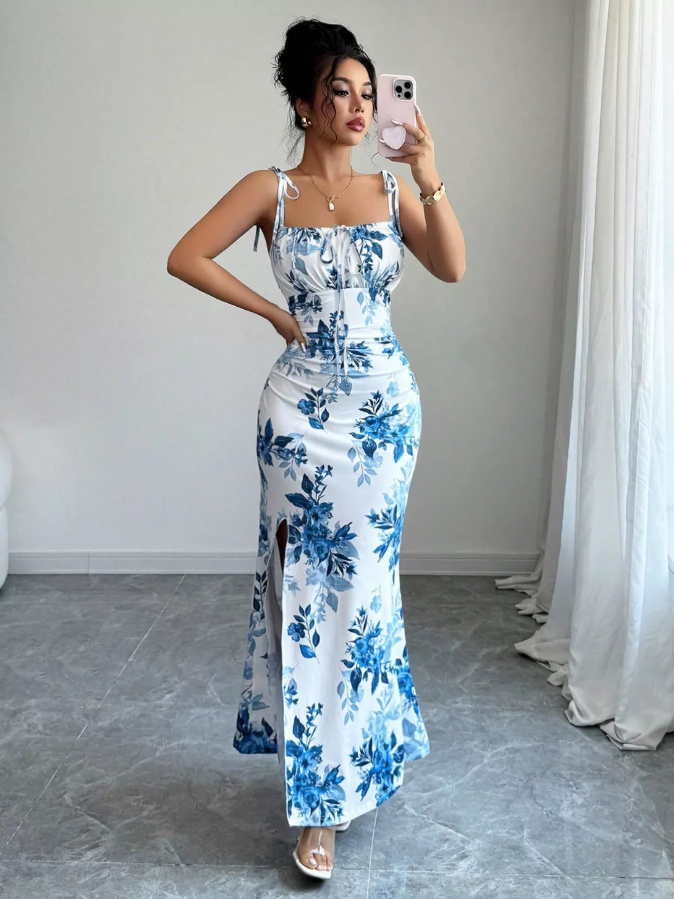 Printed Tie Strap Slit Maxi Dress