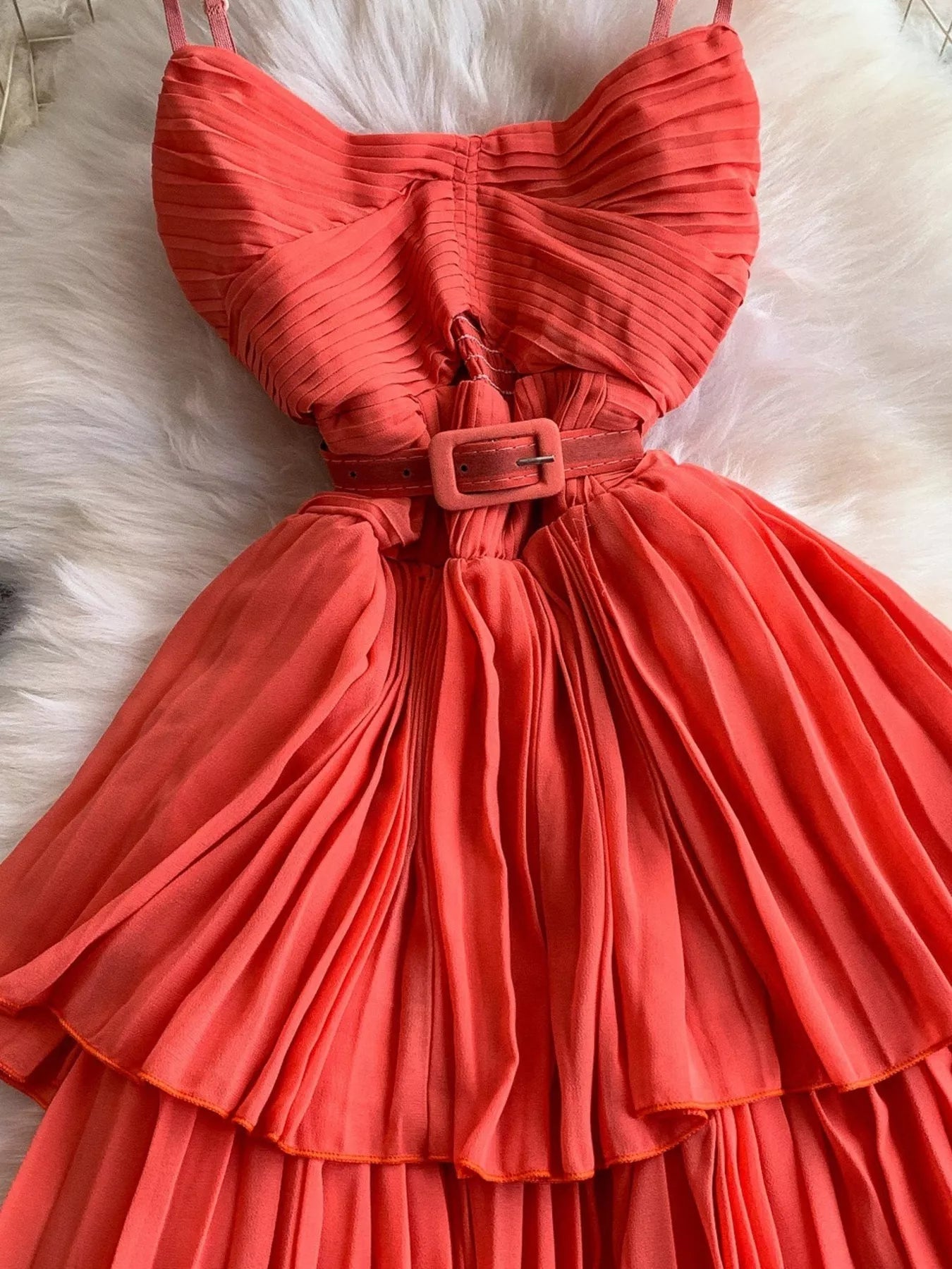 Pleated Layered Spaghetti Strap Midi Dress