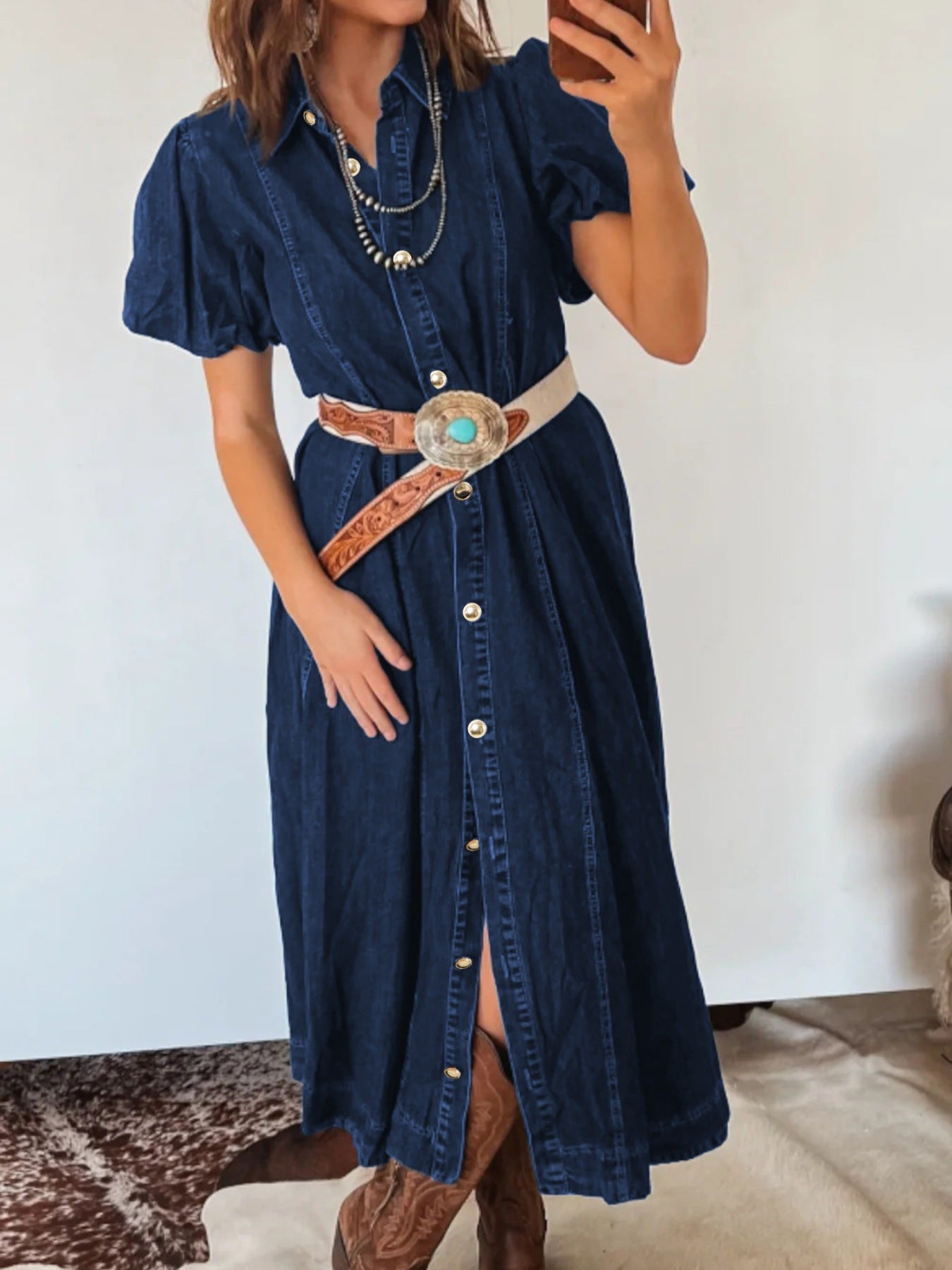 Belted Button-Down Midi Denim Dress