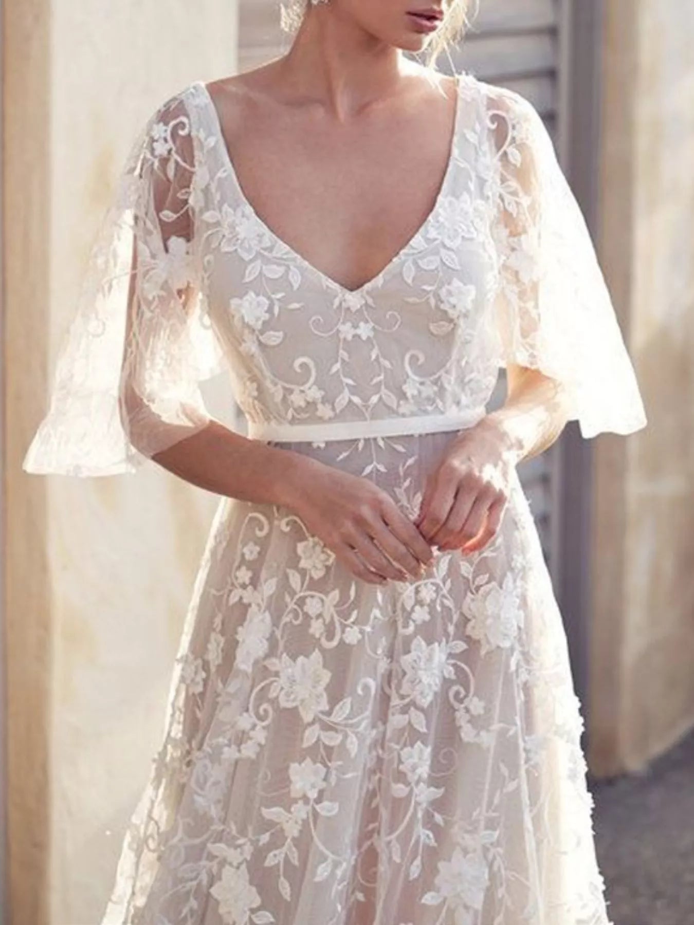 Full Size Lace Flutter Sleeve V-Neck Dress Plus Size