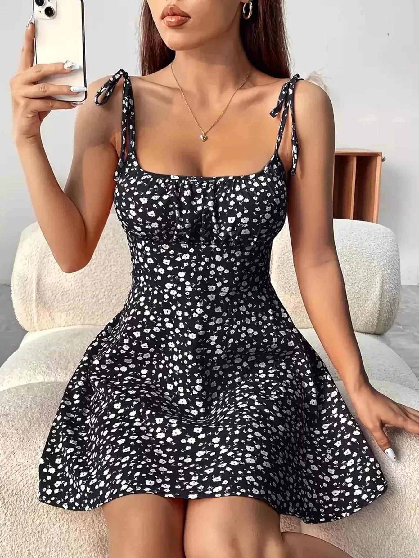 Floral Print Tie Strap Mini Dress