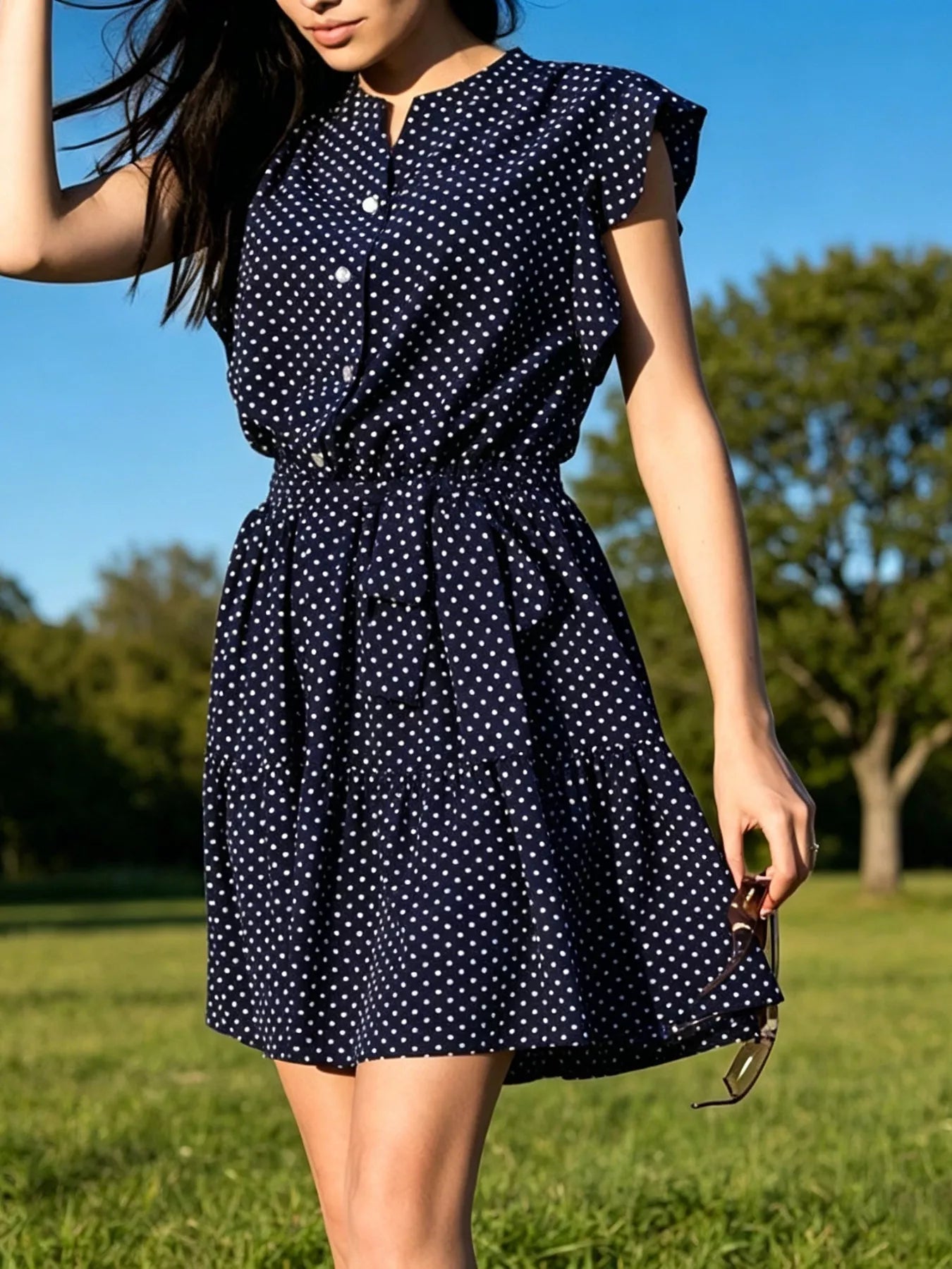 Polka Dot Ruffle Sleeve Tie Waist Dress