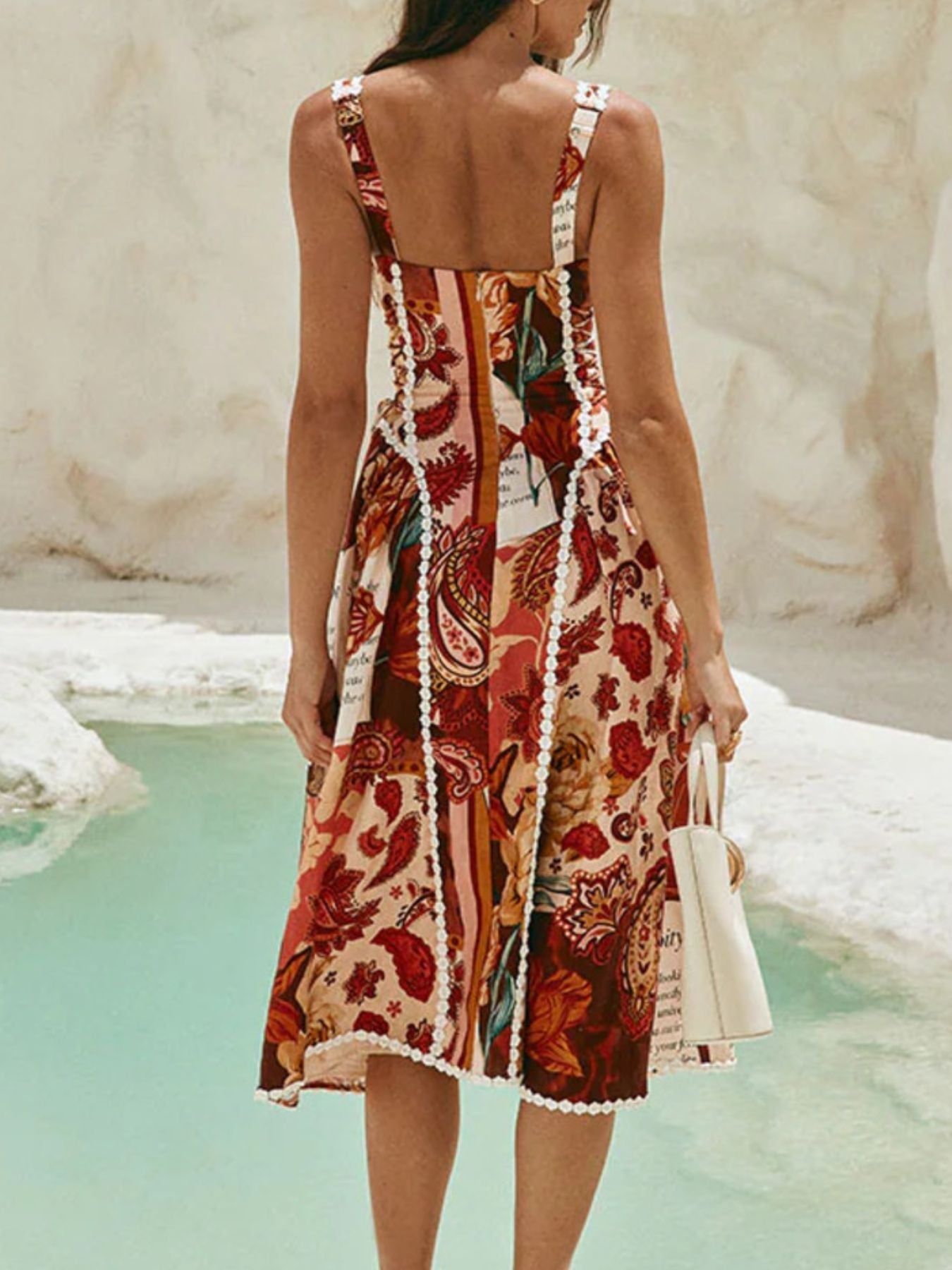 Vintage Paisley Print Lace Trim Midi Dress