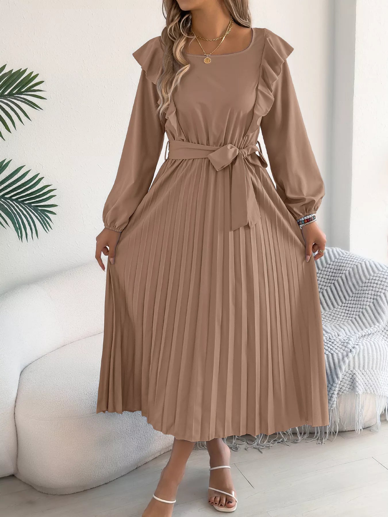 Ruffle Trim Pleated A-Line Midi Dress