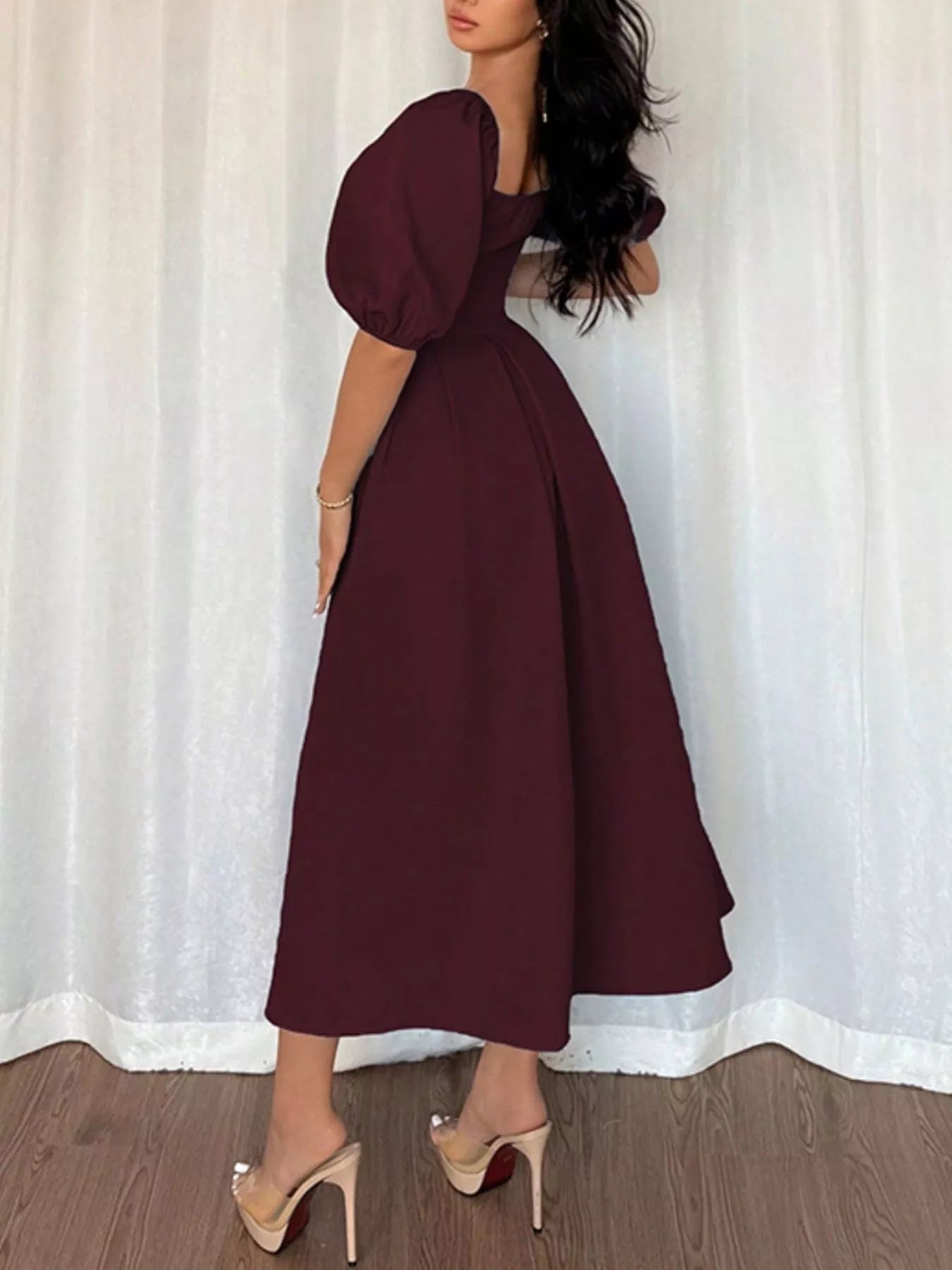 Square Neck Flutter Sleeve Midi Dress