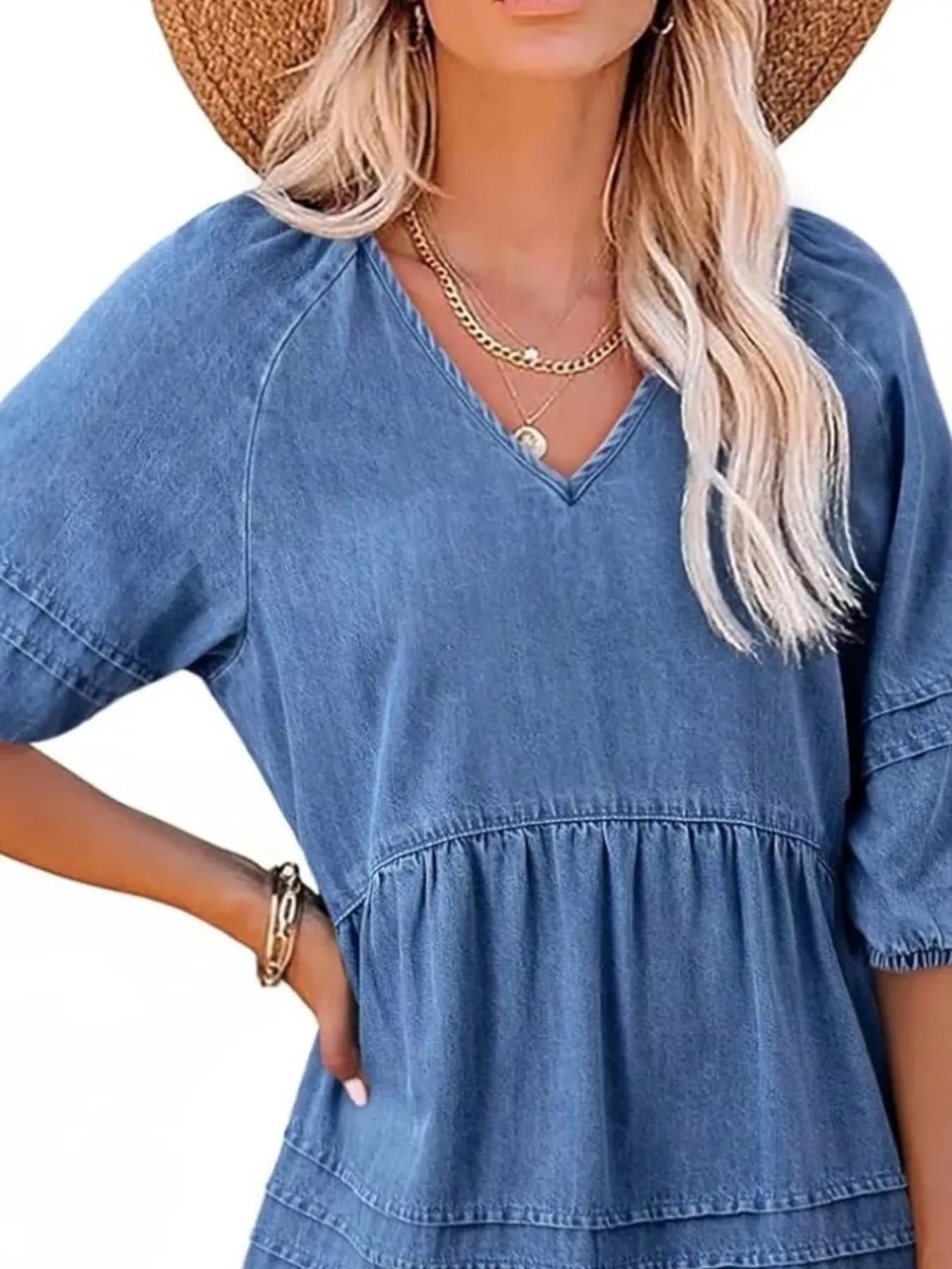 Casual V-Neck Puff Sleeve Denim Mini Dress