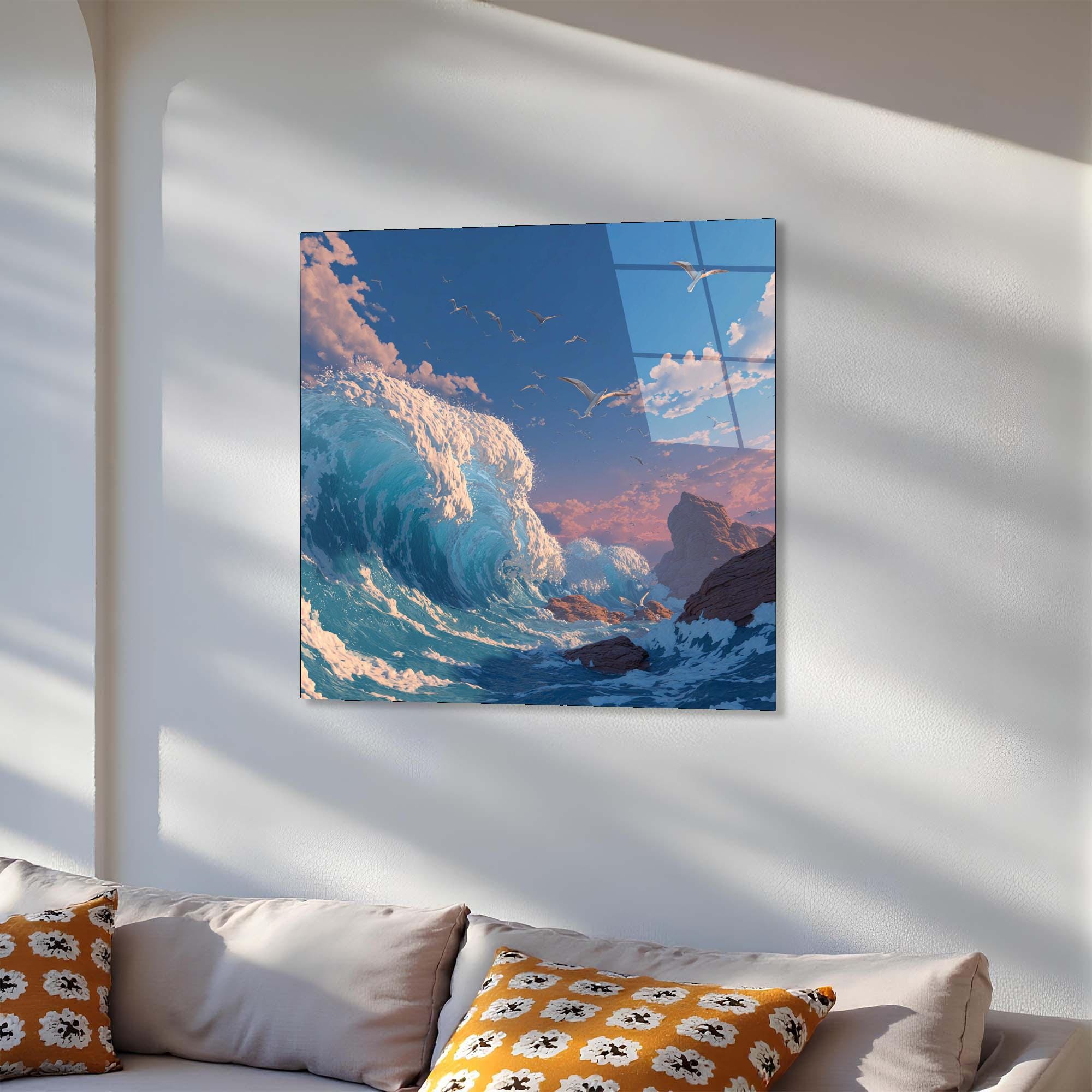 Tempered Glass Ocean Wave Wall Art | Coastal Seagulls Decor