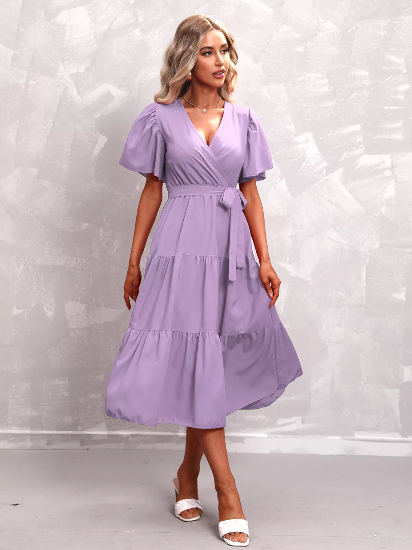 Flutter Sleeve Tiered Midi Dress