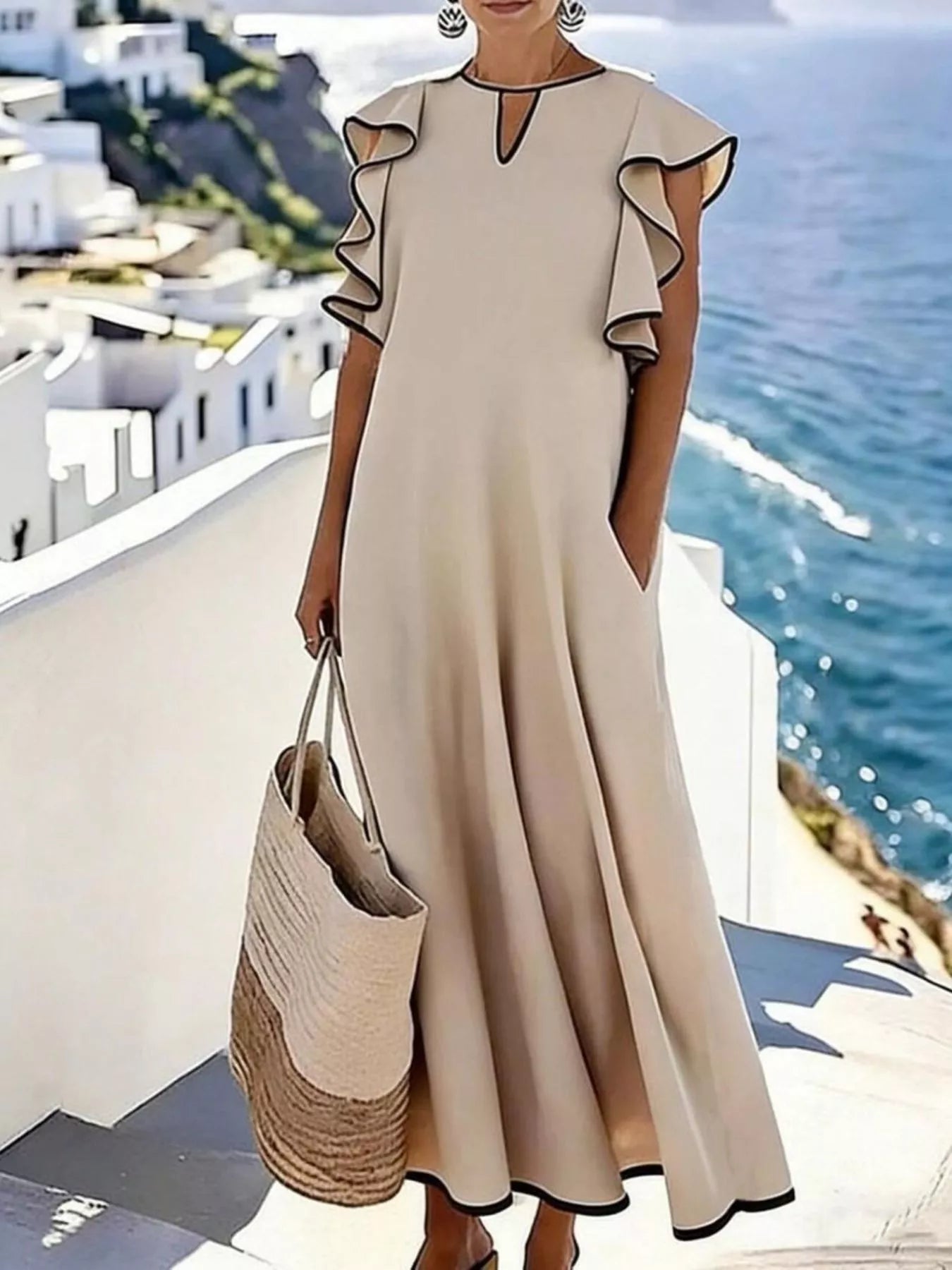 Ruffle Trim Notched Midi Dress