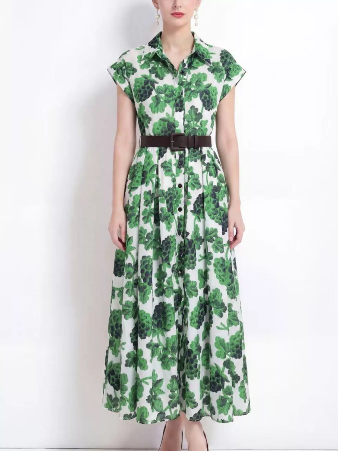 Printed Button Front Cap Sleeve Dress
