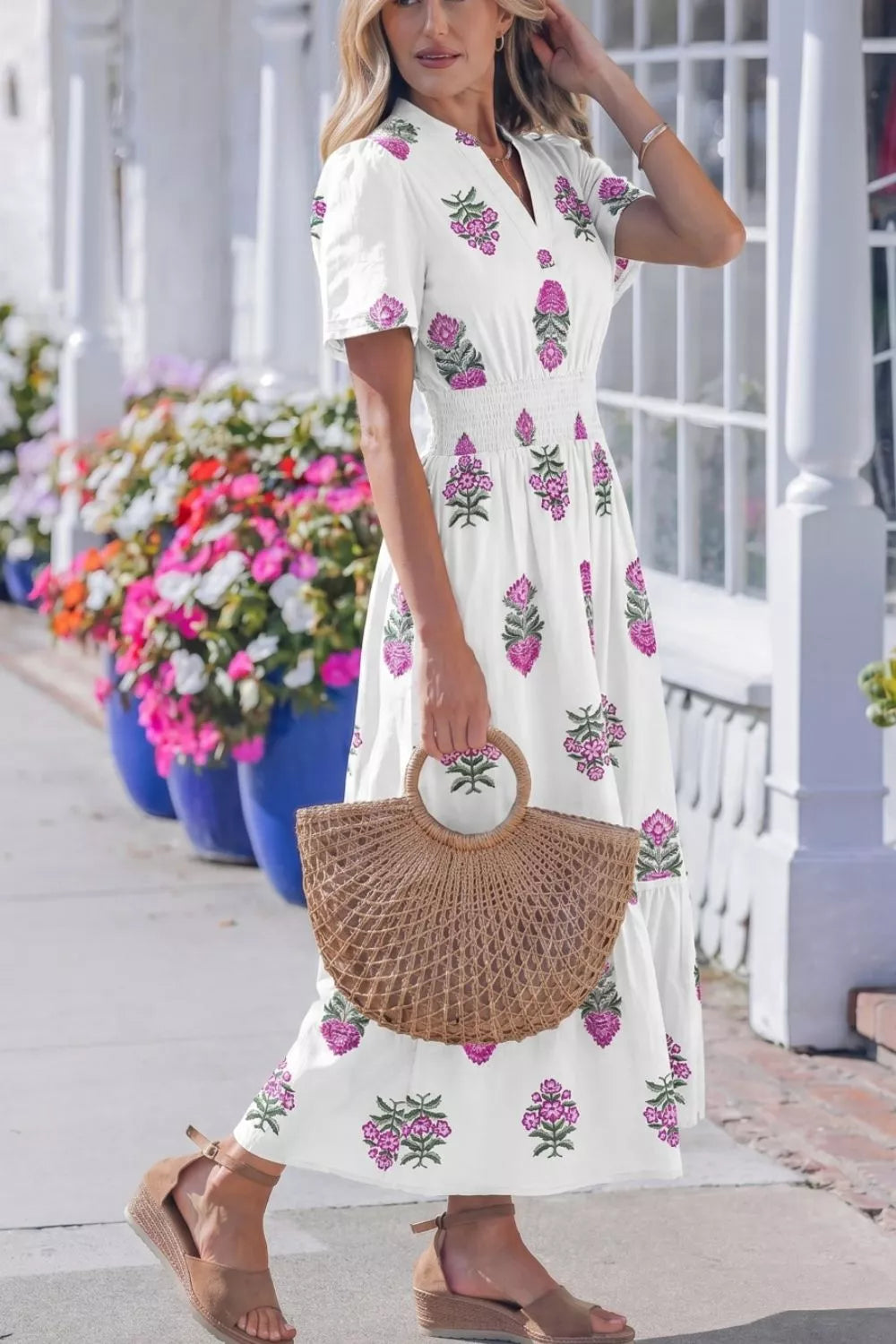 Floral Print Split Neck Shirred High Waist Ruffle Hem Midi Dress