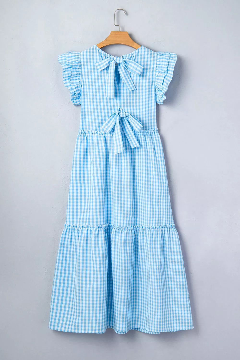 Knot Back Ruffled Short Sleeve Gingham Maxi Dress