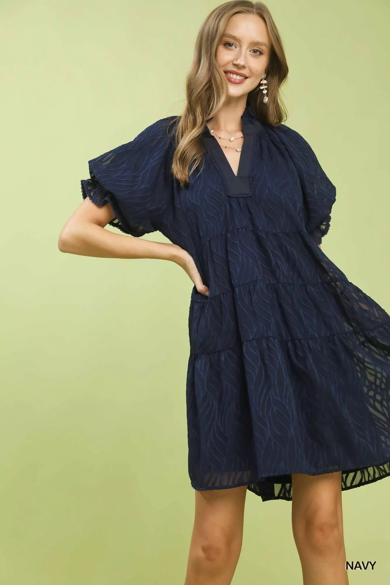 Umgee Textured Tiered Ruffle Collar Mini Dress