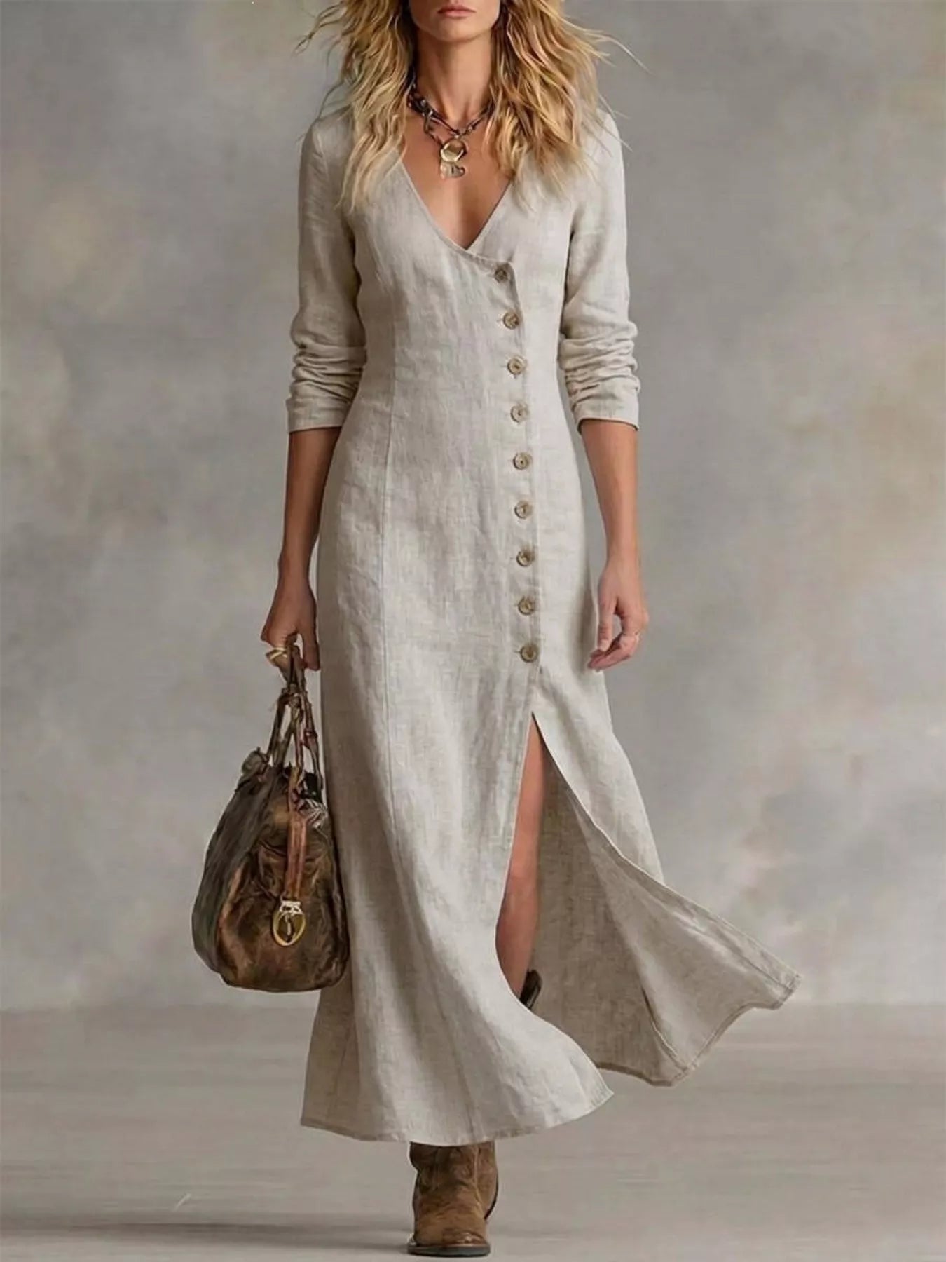 Full Size Button Front Slit Maxi Dress Plus Size