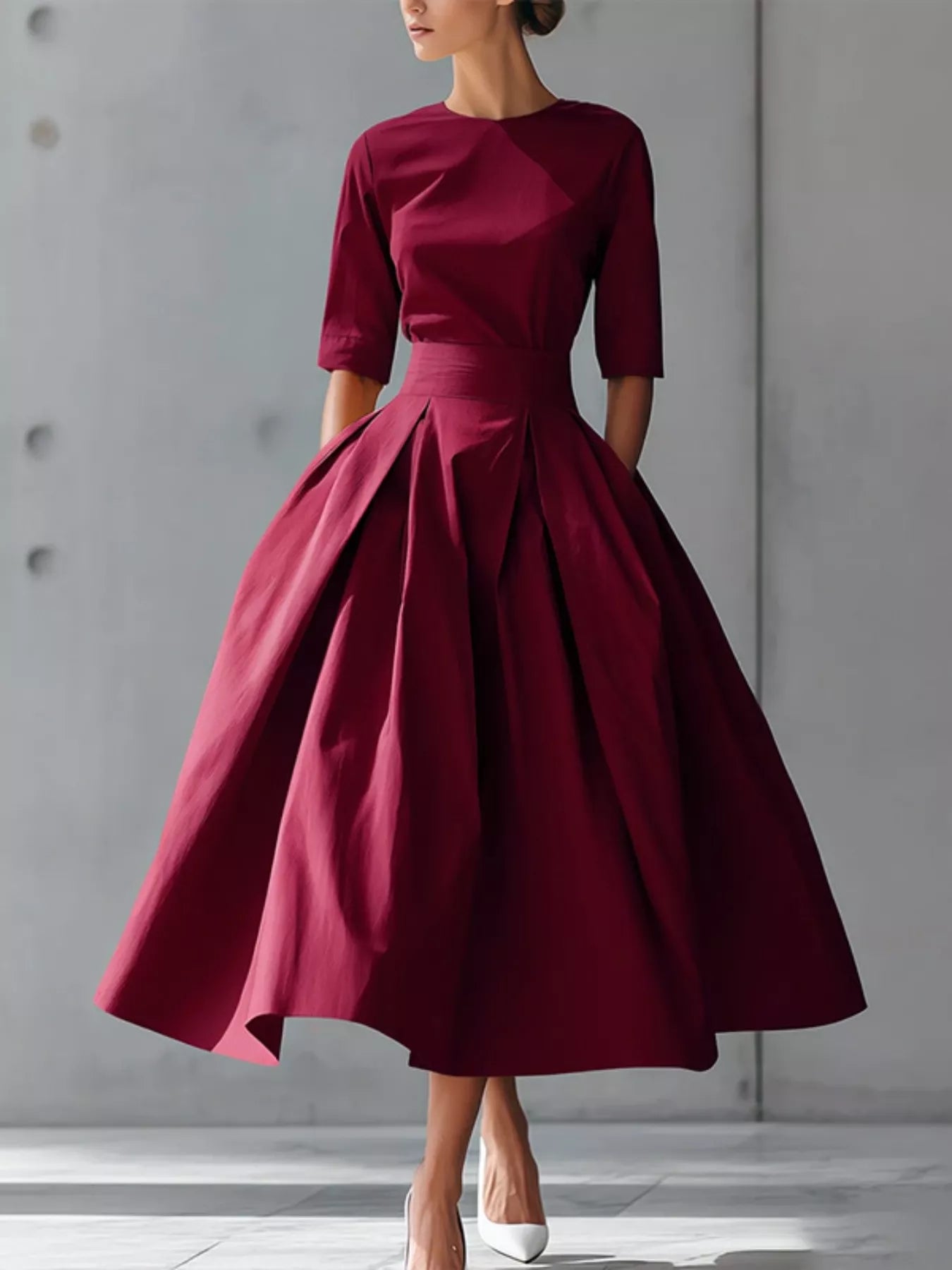 Round Neck A-Line Midi Dress