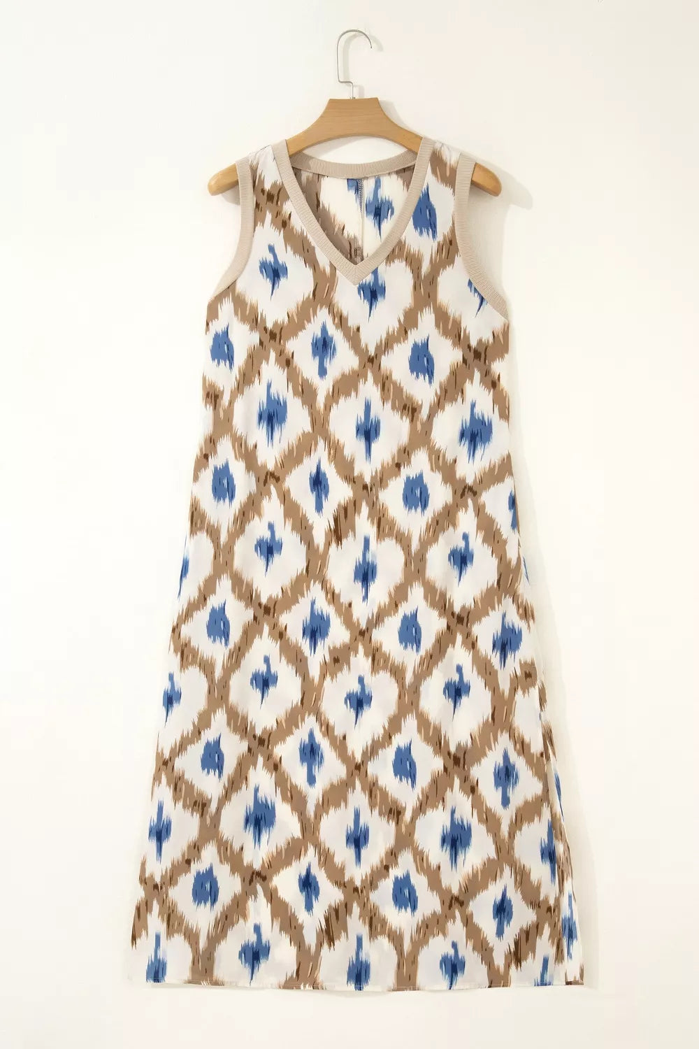 Abstract Print V Neck Sleeveless Midi Dress