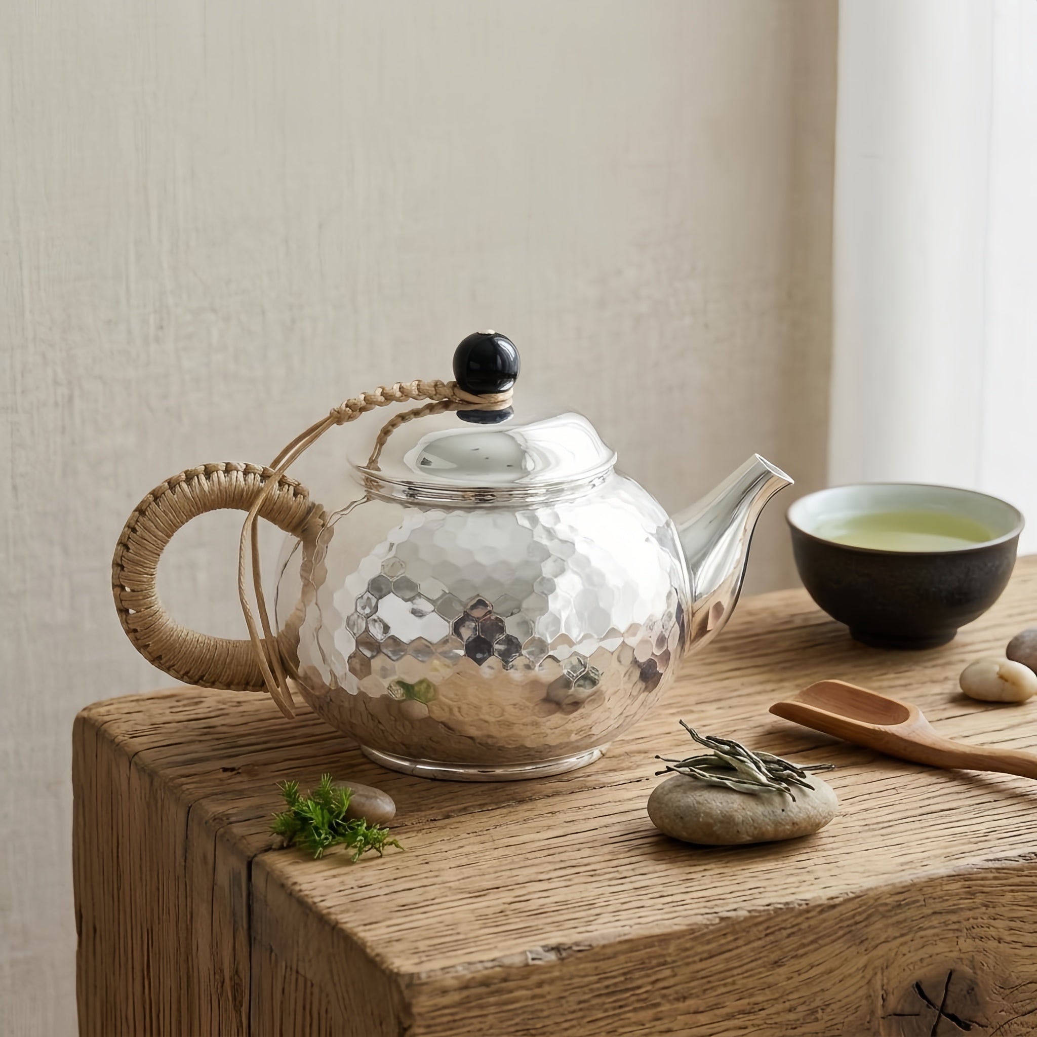 Pure 999 Fine Silver Hammered Silver Teapot with Woven Insulated Handle and Black Finial - Handicraft